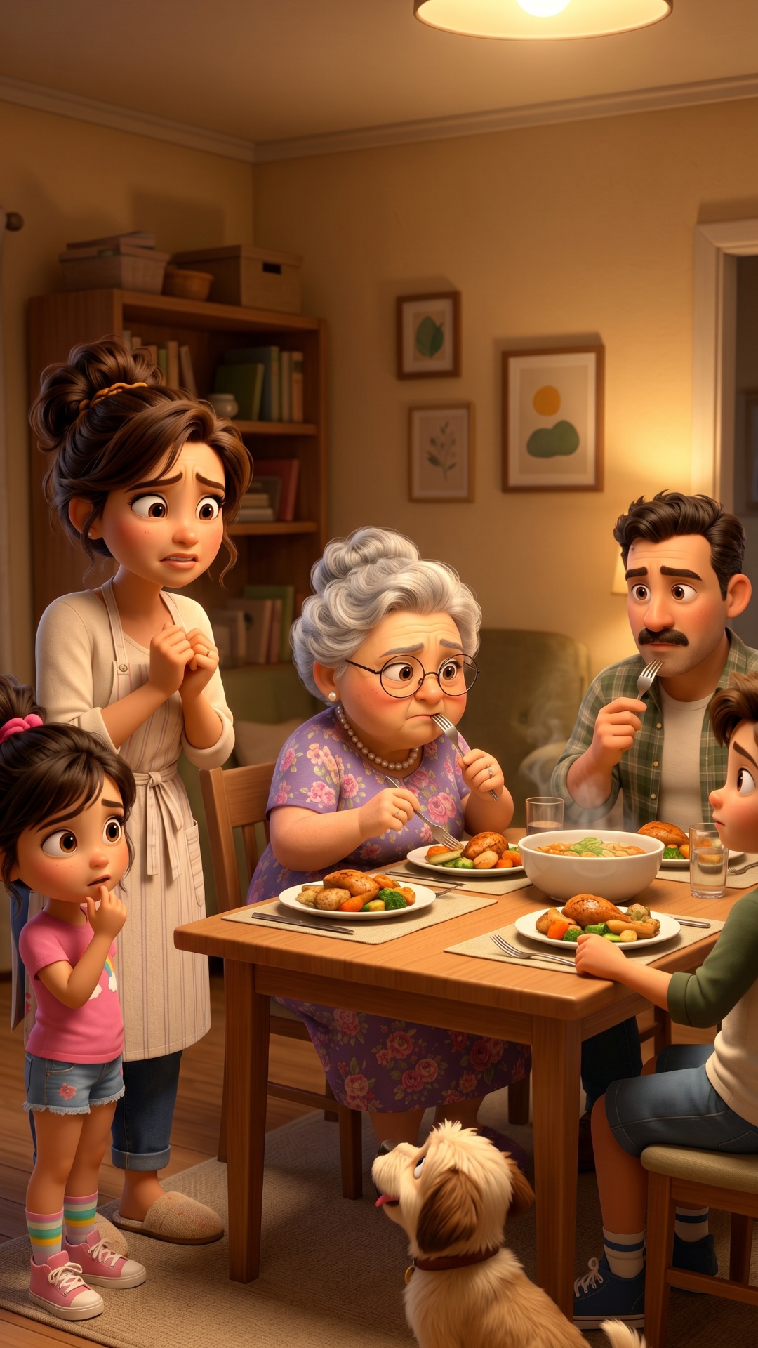 Grandmother slowly tastes the food. Neighbor and boy eat quietly. Mother clasps her hands nervous...