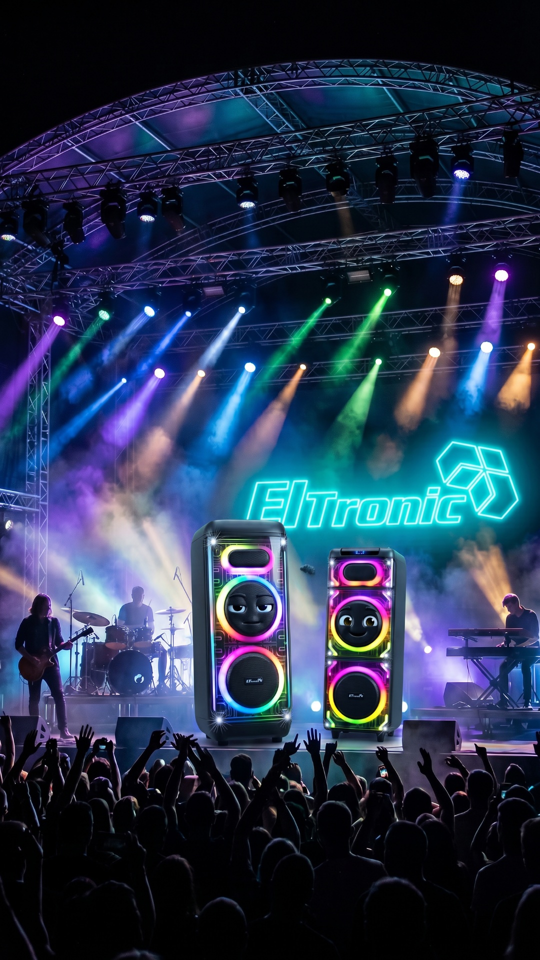 Two stylish Eltronic speaker sisters performing on a big night concert stage. Colorful lights fla...