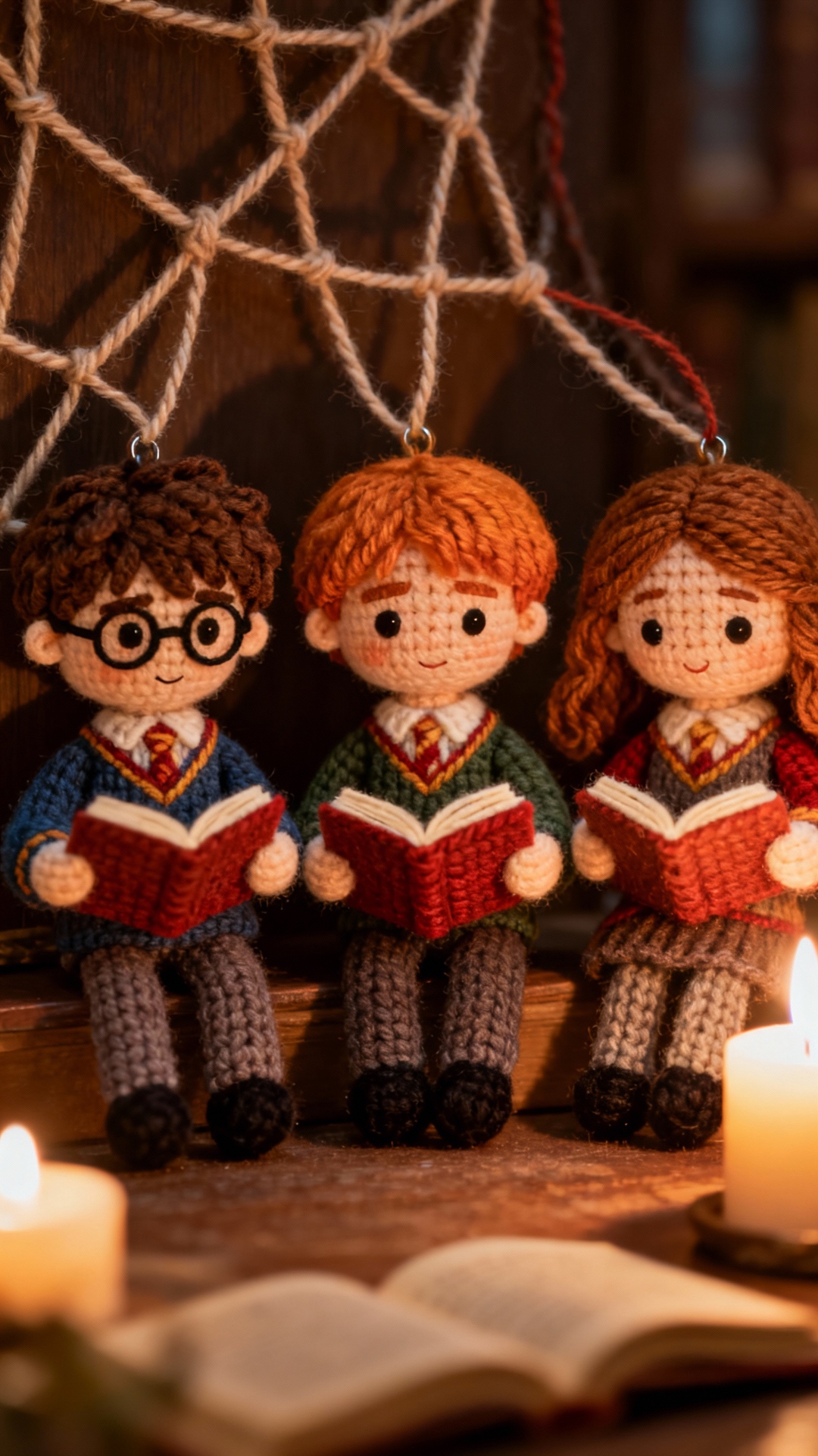 A lesson in the Hogwarts library   
“Knitted Harry, Ron, and Hermione flipping through books, wit...