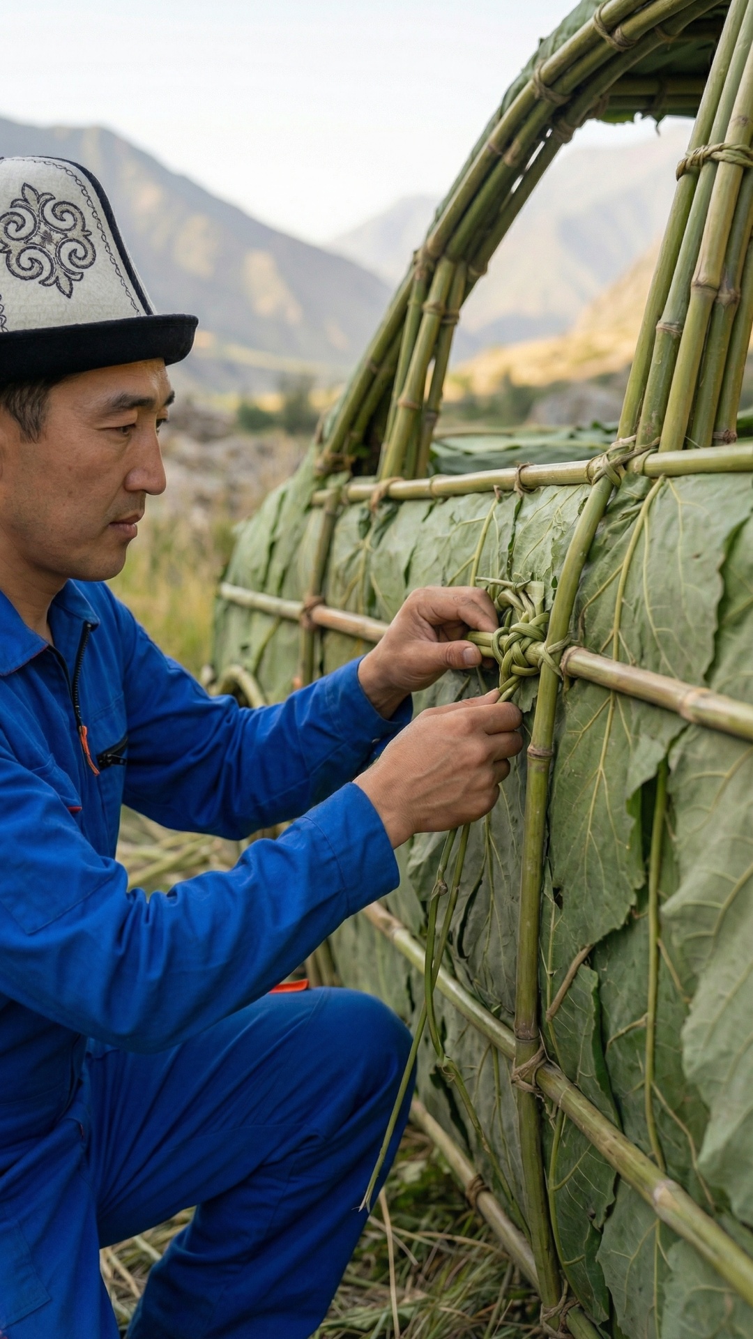 Ultra-realistic cinematic close-up in a Central Asian mountain valley: man in blue work overalls ...