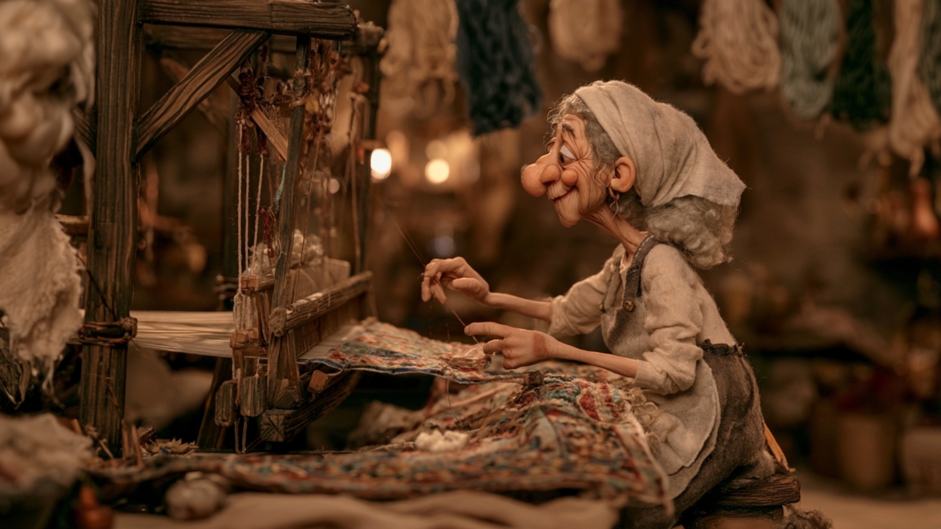 His hands pull the weft thread tight and beat it into place with a wooden comb, hanging wool skei...