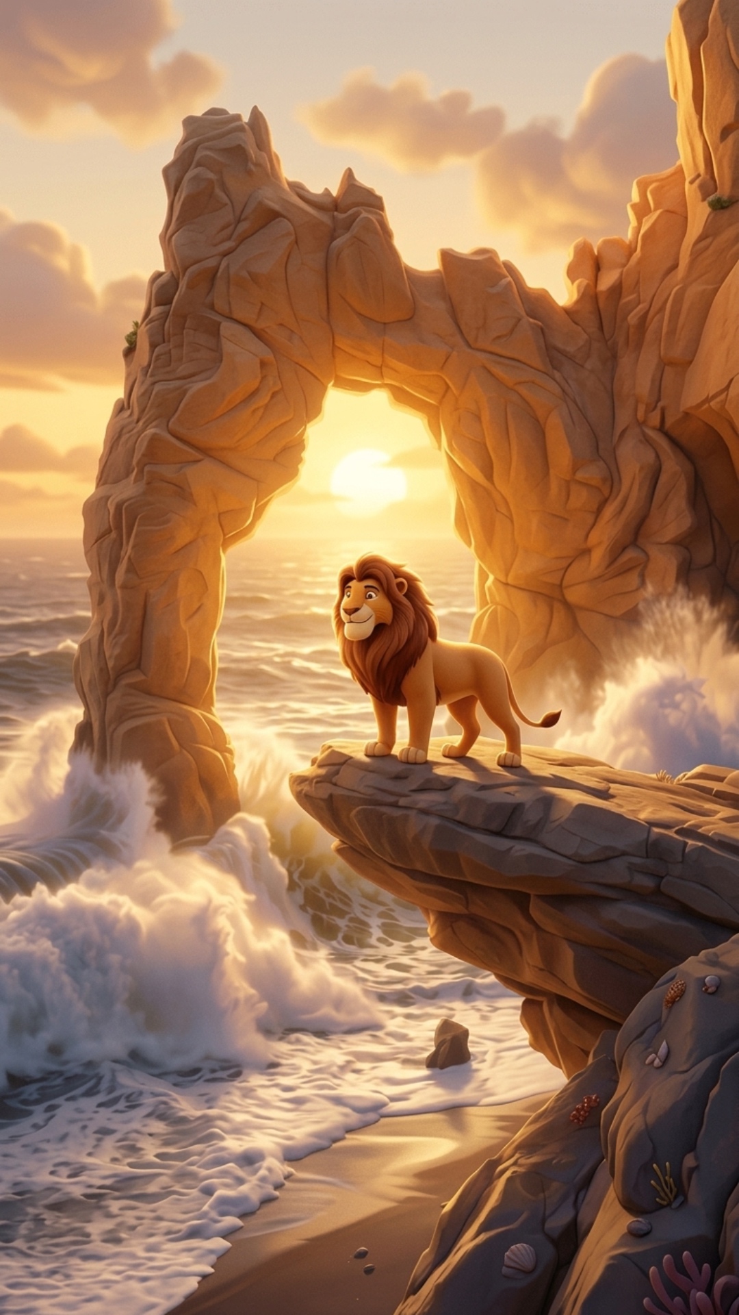 slow zoom toward Simba standing proudly on giant coastal cliff above stormy ocean, wind moving fu...