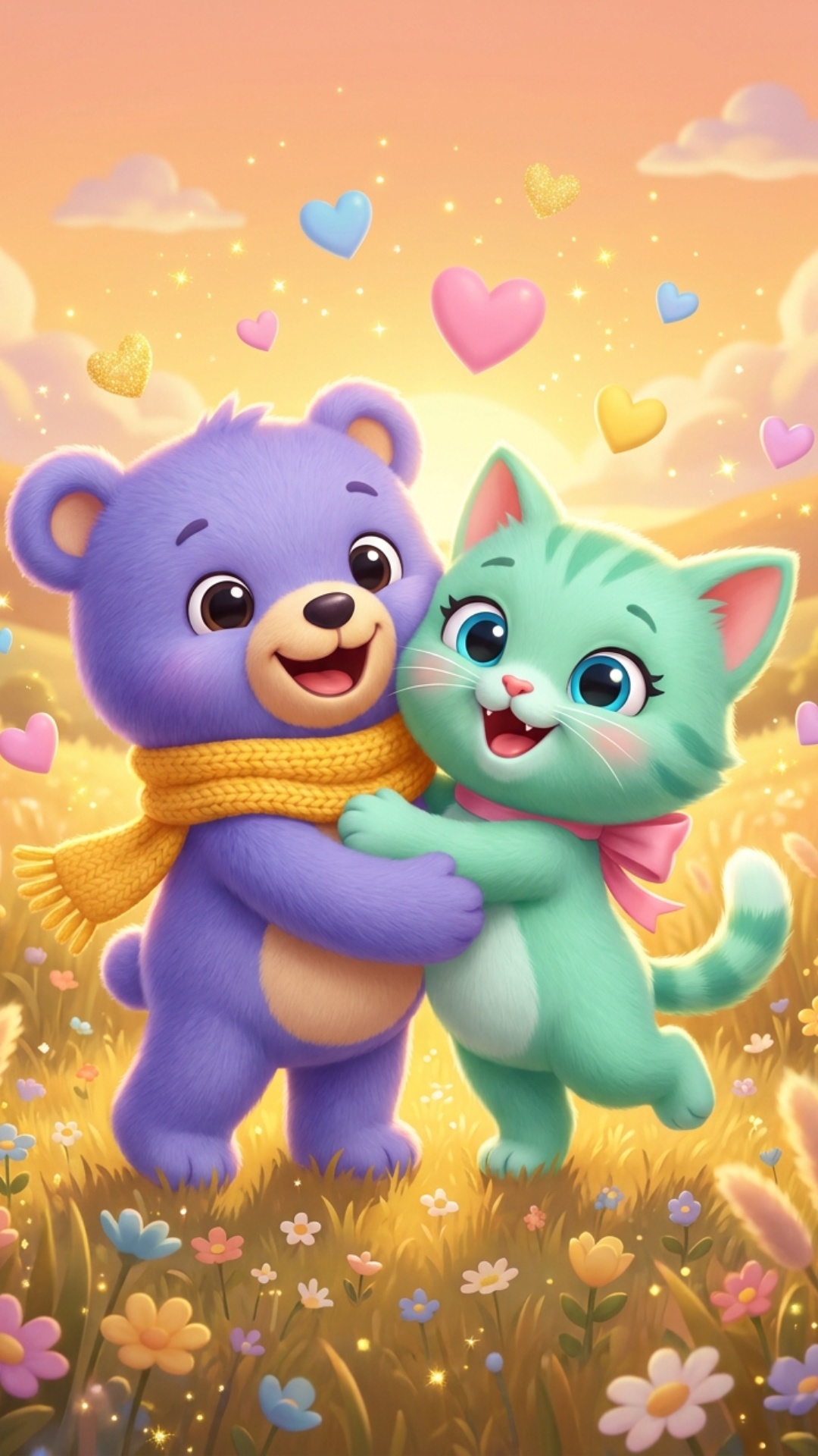 MuTi the purple teddy bear and Mimi the mint kitten share a warm cartoon hug, their eyes sparklin...