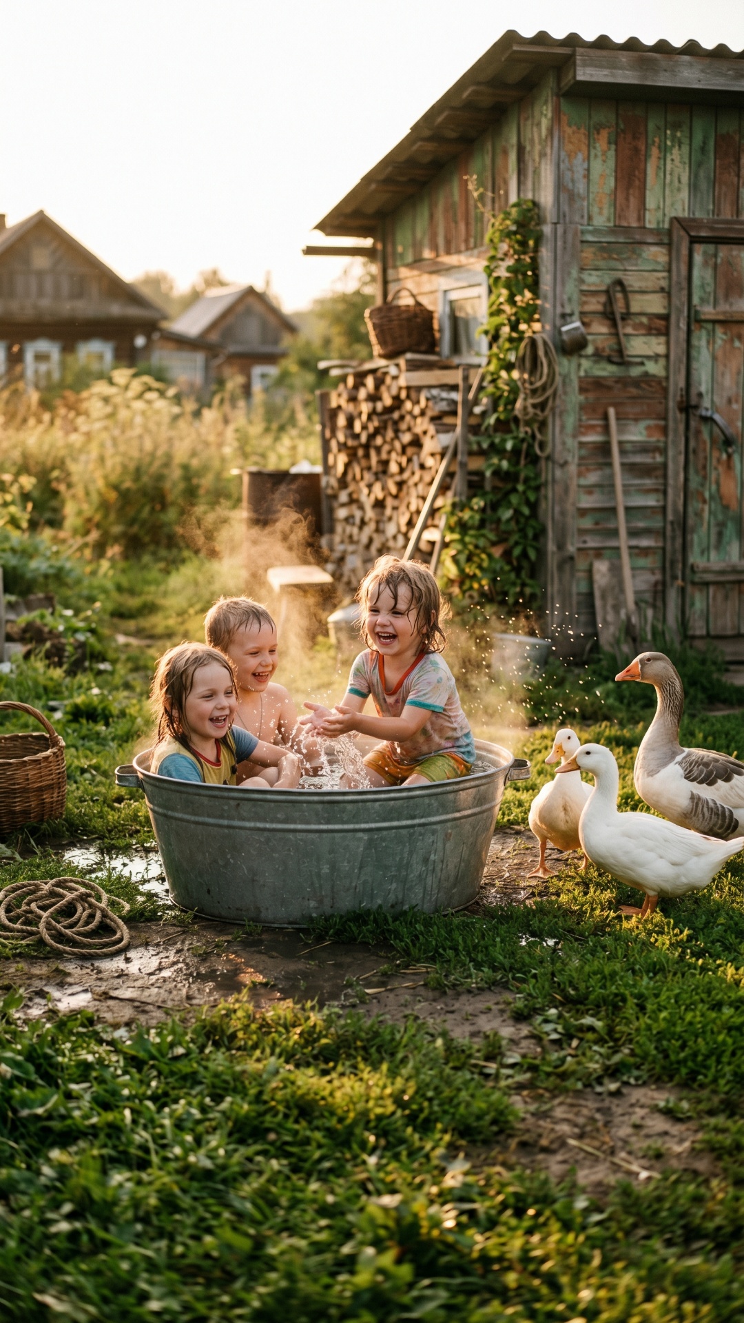 Three small children are sitting and splashing in a round metal wash tub on the grass beside a we...