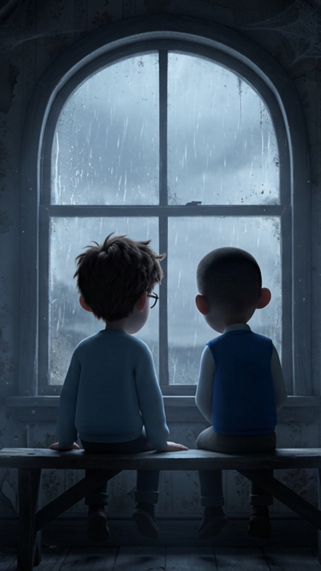 Strong rule: style --- 3D Pixar ---. A somber, dimly lit Victorian orphanage attic with peeling w...