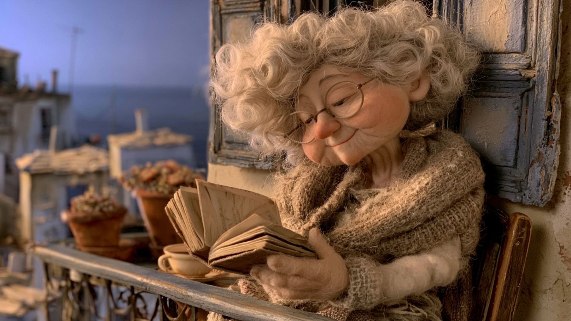 The woman remains comfortably seated with the open book in her hands. Her eyes slowly follow the ...
