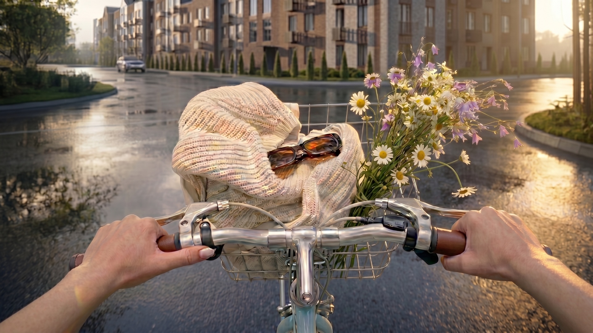 Cinematic first-person bicycle ride, realistic motion. The bicycle moves smoothly straight forwar...