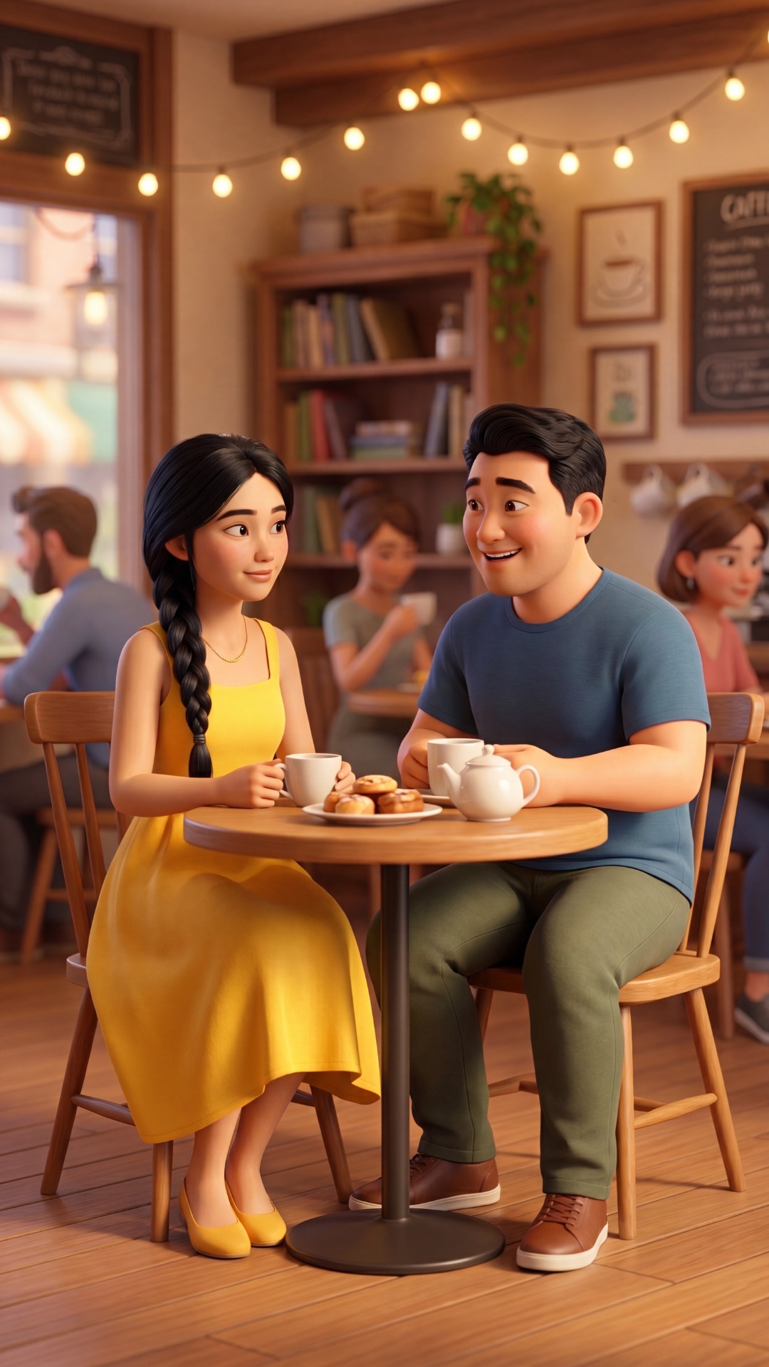 Medium shot, same cozy home setting, soft warm lighting. The man looks at his wife with a guilty,...