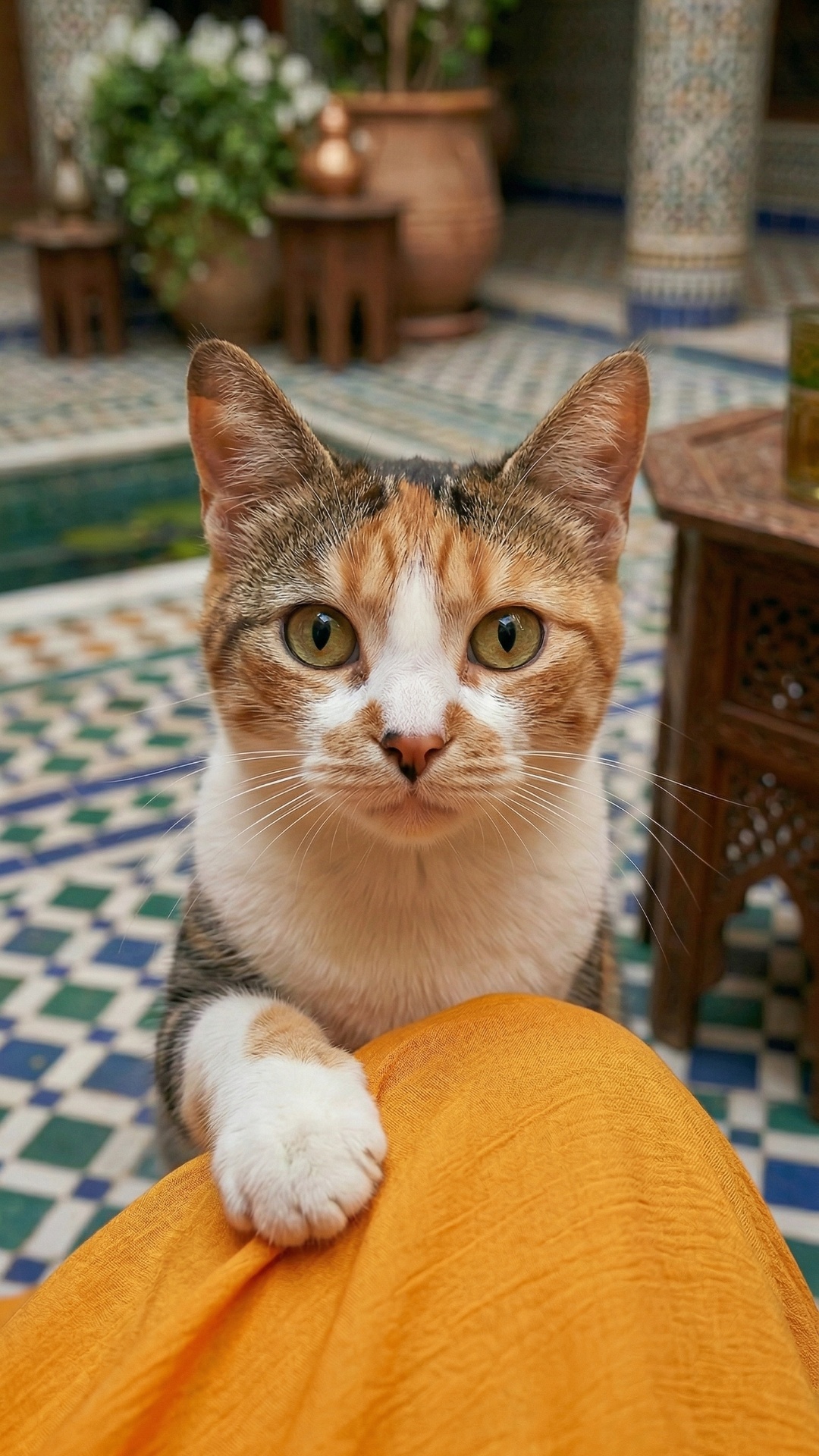 cat purrs, camer goes above tea table
