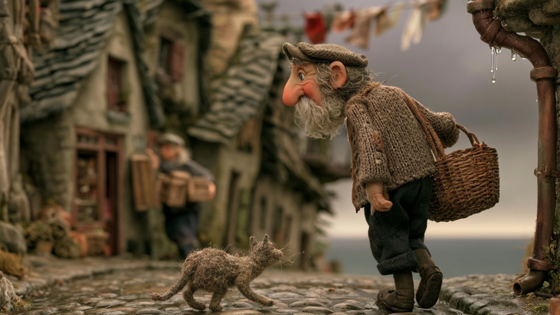 The fisherman takes several steps along the cobblestones as the cat crosses directly in front of ...