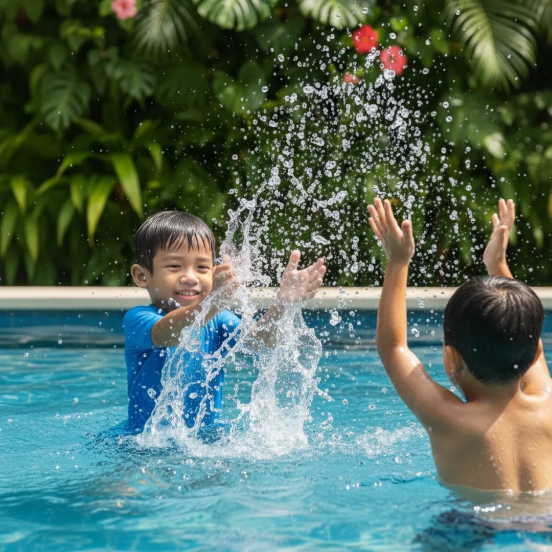 Generate an 8-second cinematic video of two children playing in a tropical swimming pool. Use the...