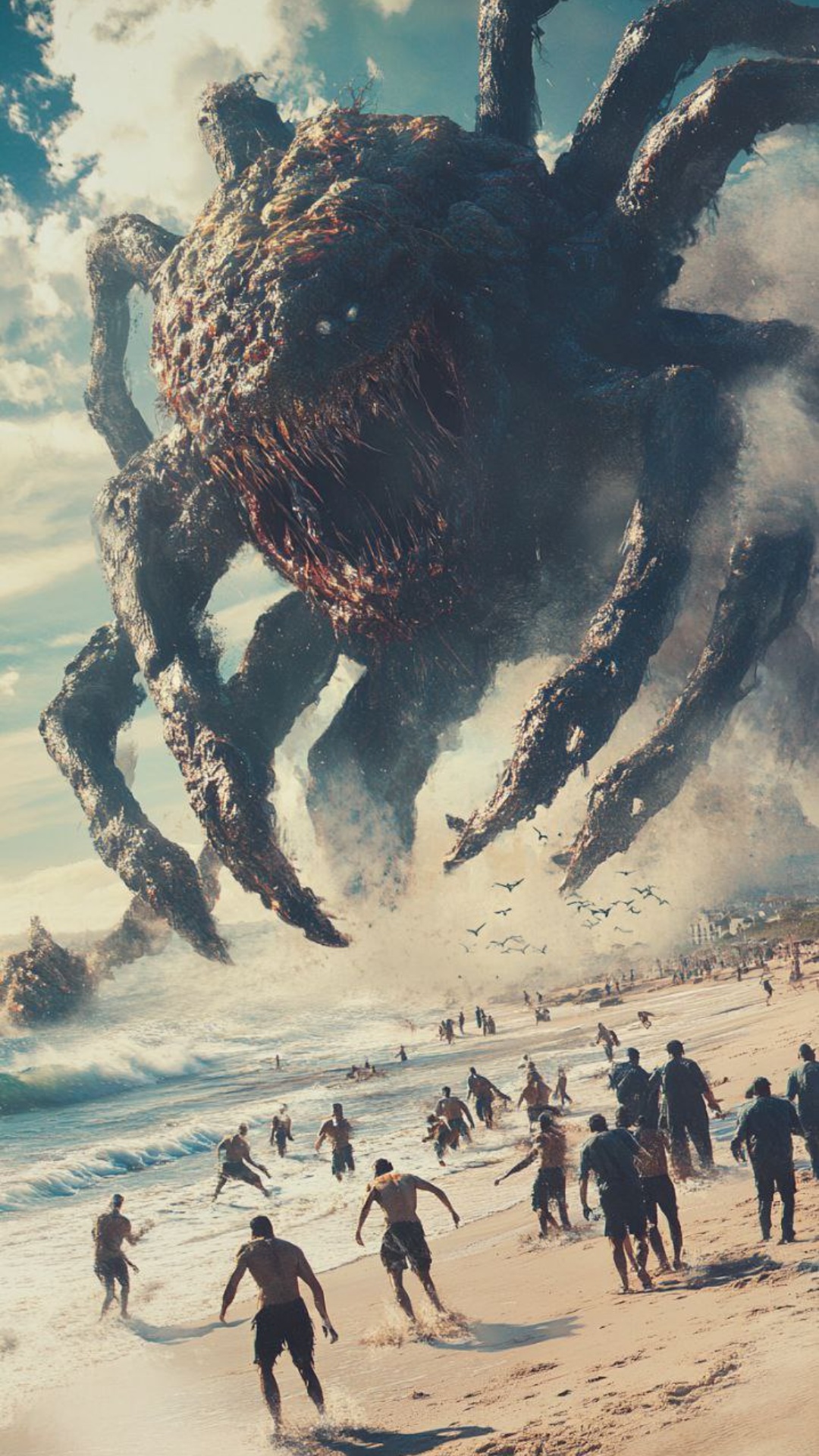 Monstruo camina hacia la playa y todos huyen del miedo.