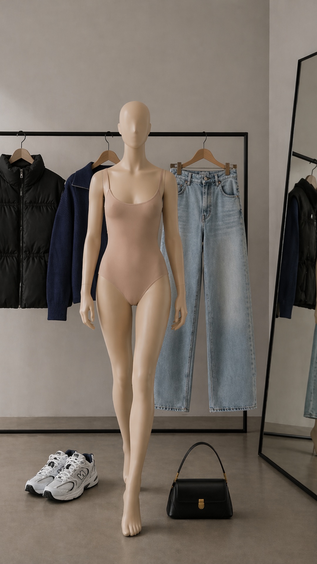 Minimalist fashion studio interior, full-length female mannequin, smooth beige skin, standing nex...