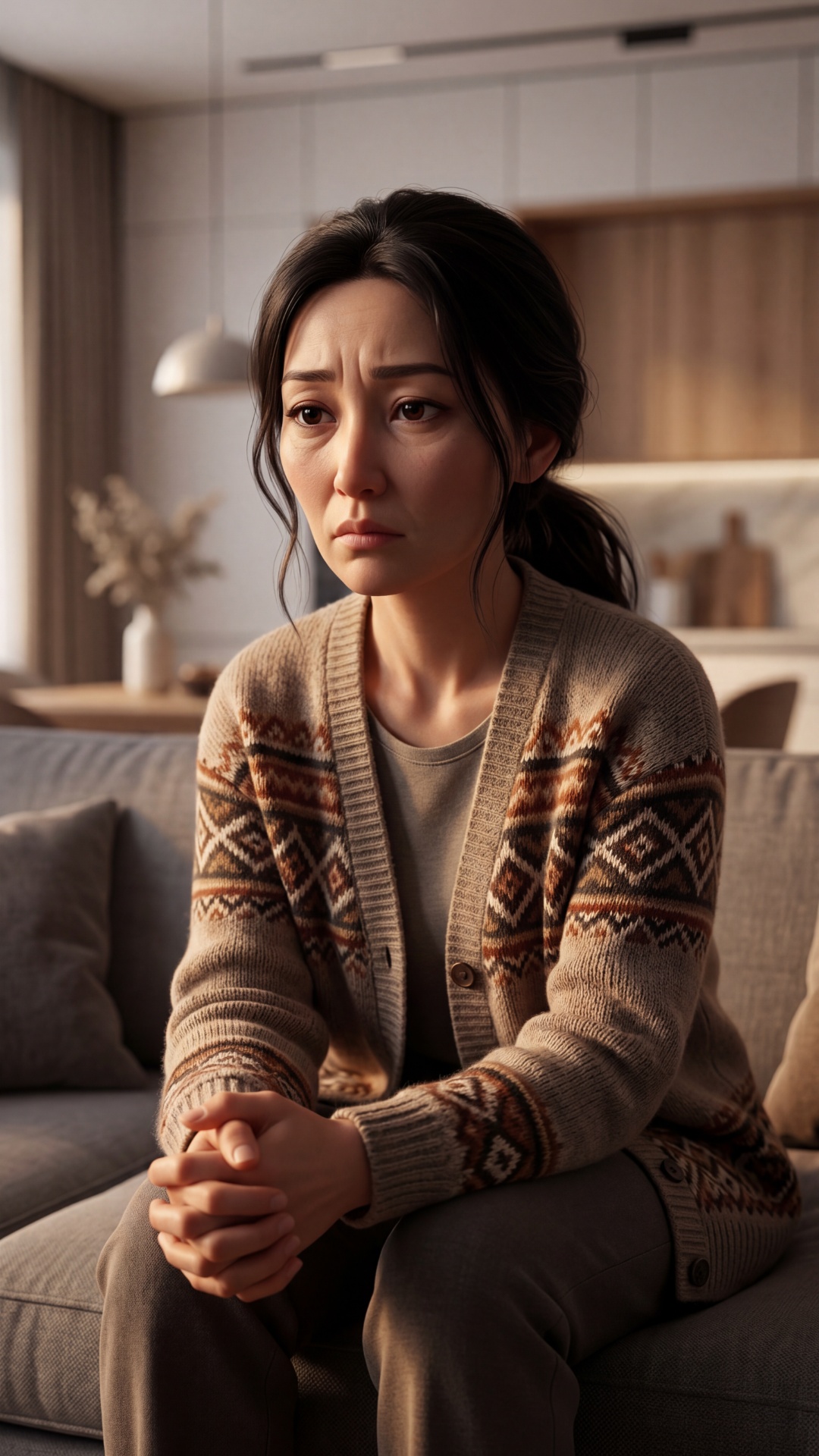 Cinematic animated scene, 70% stylized Pixar-like, 30% realism, warm soft lighting, cozy modern K...