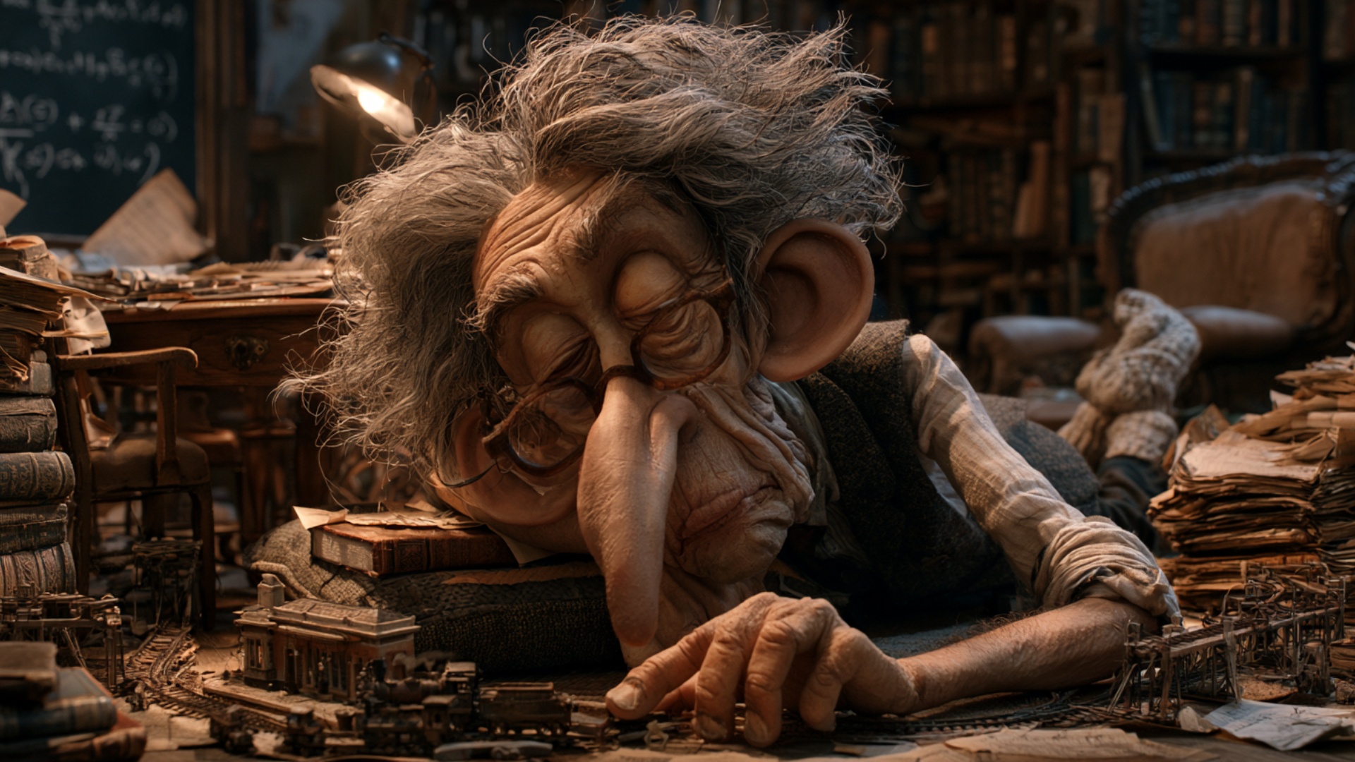 Start from the exact resting pose in the image, with the professor lying beside his miniature rai...