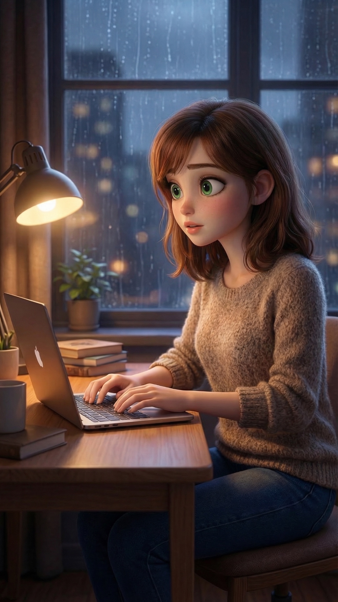 Start frame:
Lera standing near the desk looking toward the window.

End frame:
View from inside ...