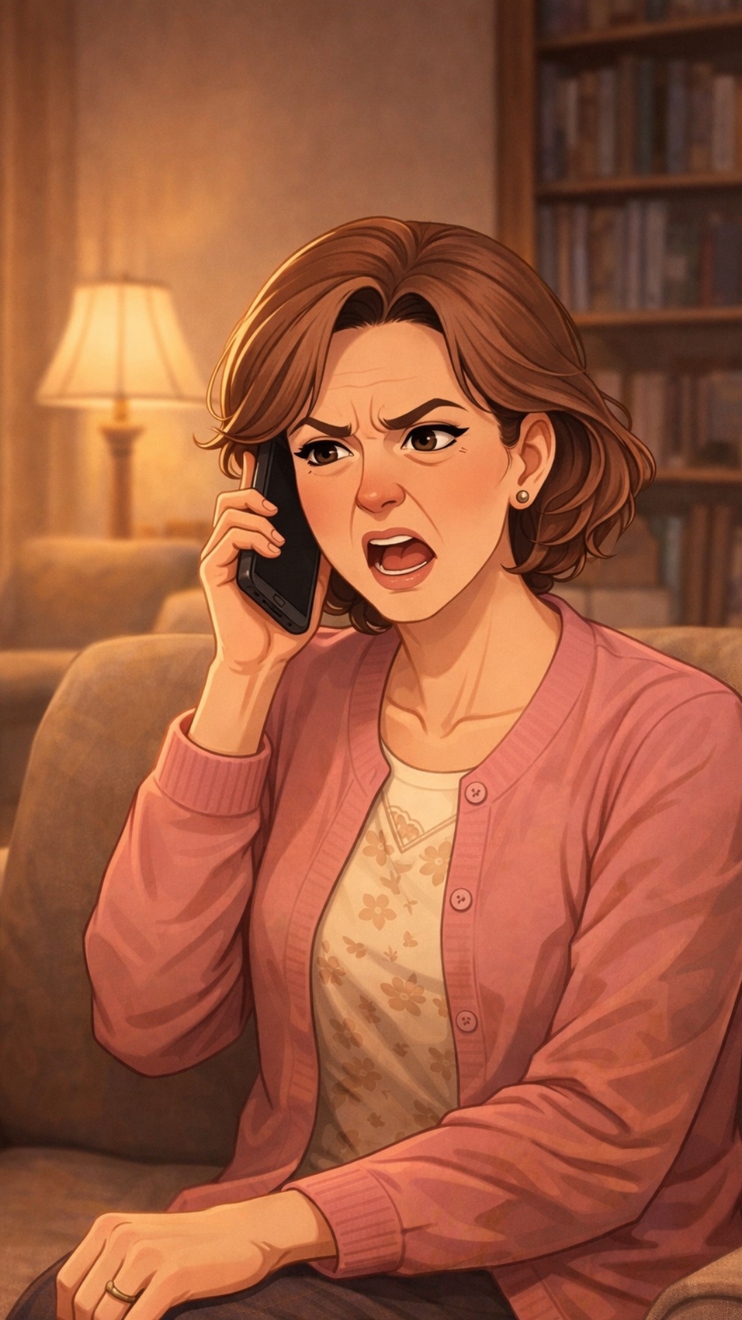 A middle-aged woman sitting in a living room, talking on the phone with an irritated expression. ...