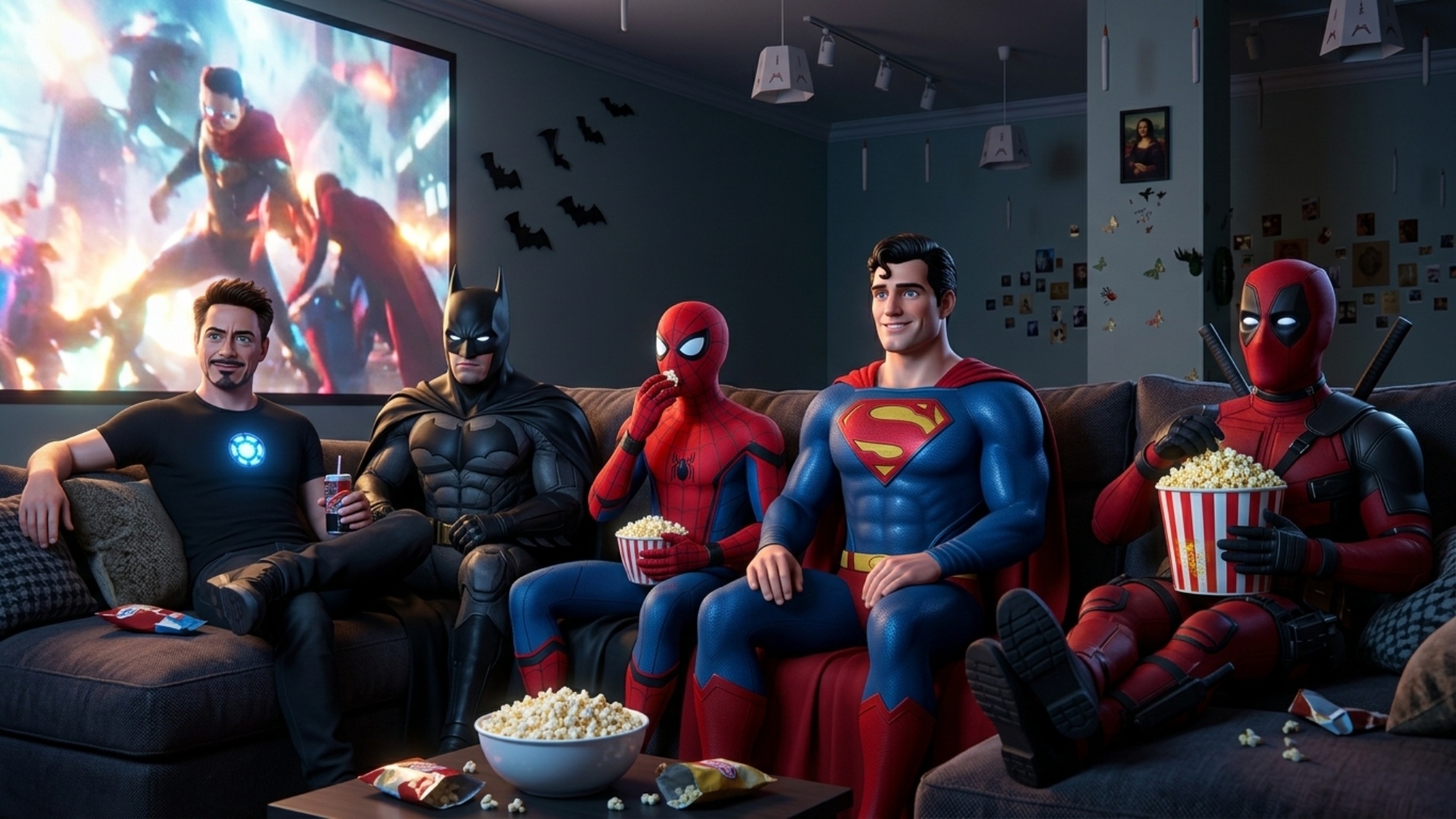 Strong rule: style --- Cinematic 3D Animation ---. Batman, Iron Man, Spider-Man, Superman, and De...