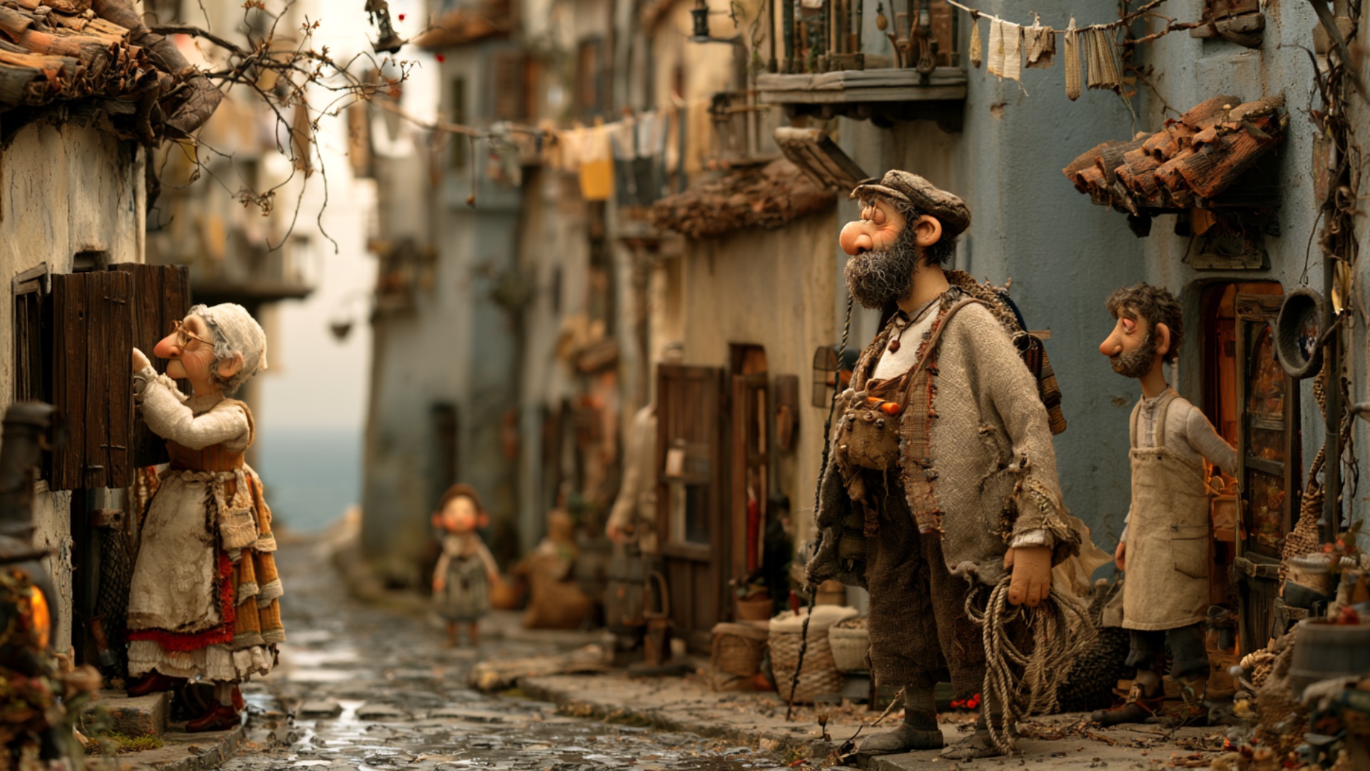 The woman at the window finishes adjusting the wooden shutter while the fisherman in the center w...