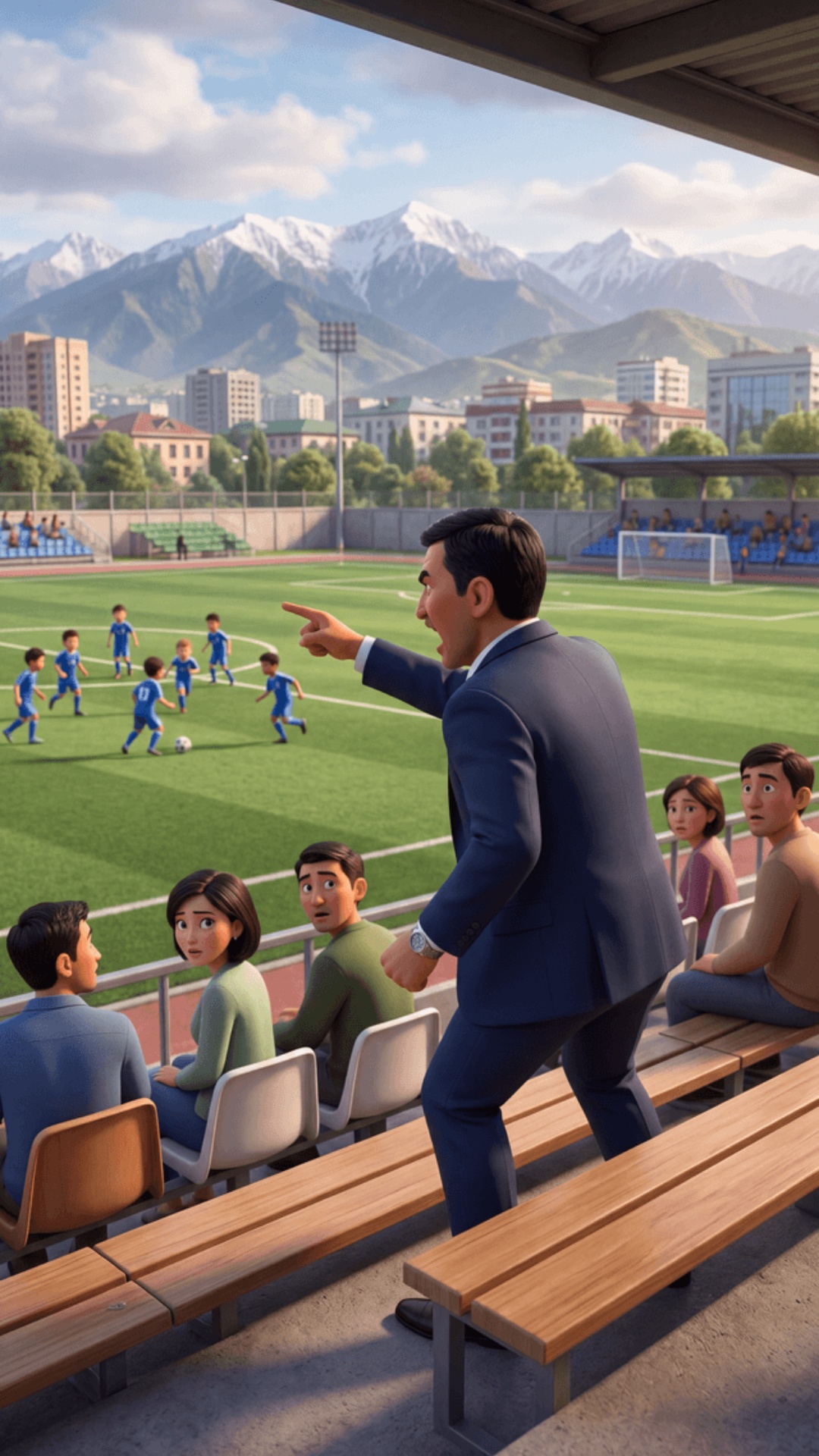 Pixar 3D animation style, cinematic quality.
Small children's football pitch, Kyrgyzstan city,
mo...