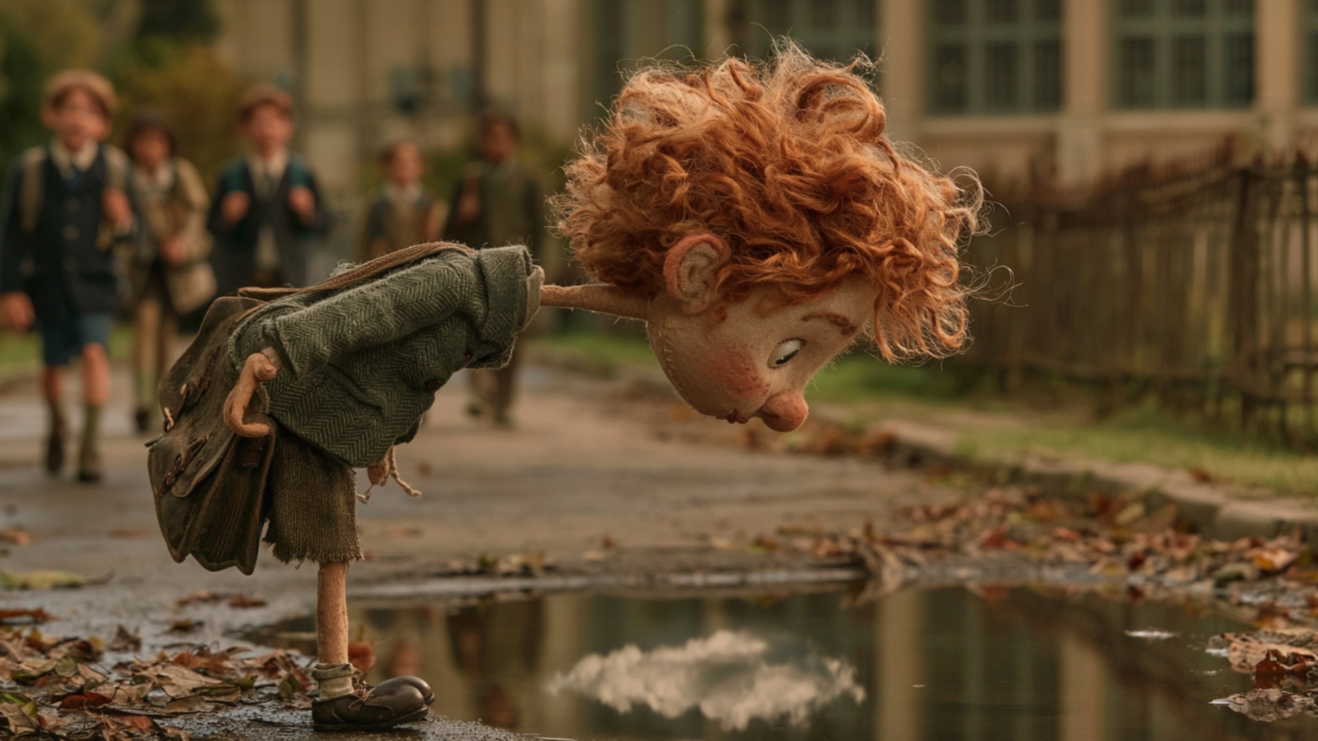 Begin exactly from the provided image. The child remains bent over the existing puddle, studying ...