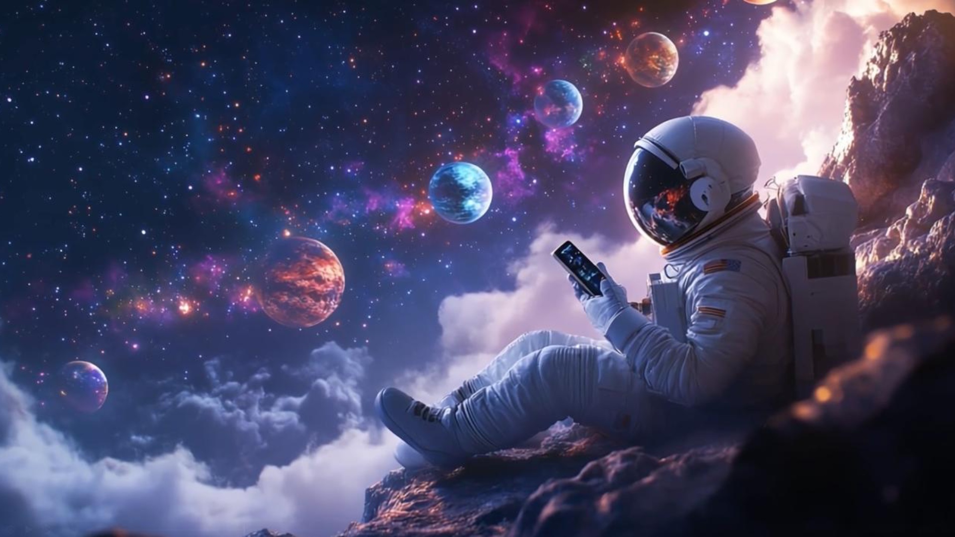 In the silence of the cosmos, an astronaut is gently hovering, weightless, beyond the edge of gra...