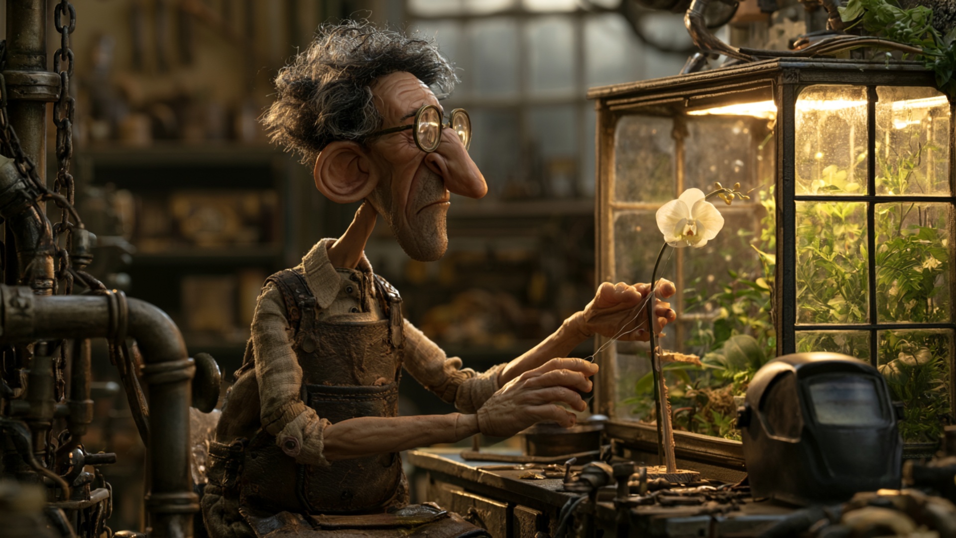 Single continuous 5-second cinematic shot. The welder gently holds the orchid stem with one hand ...