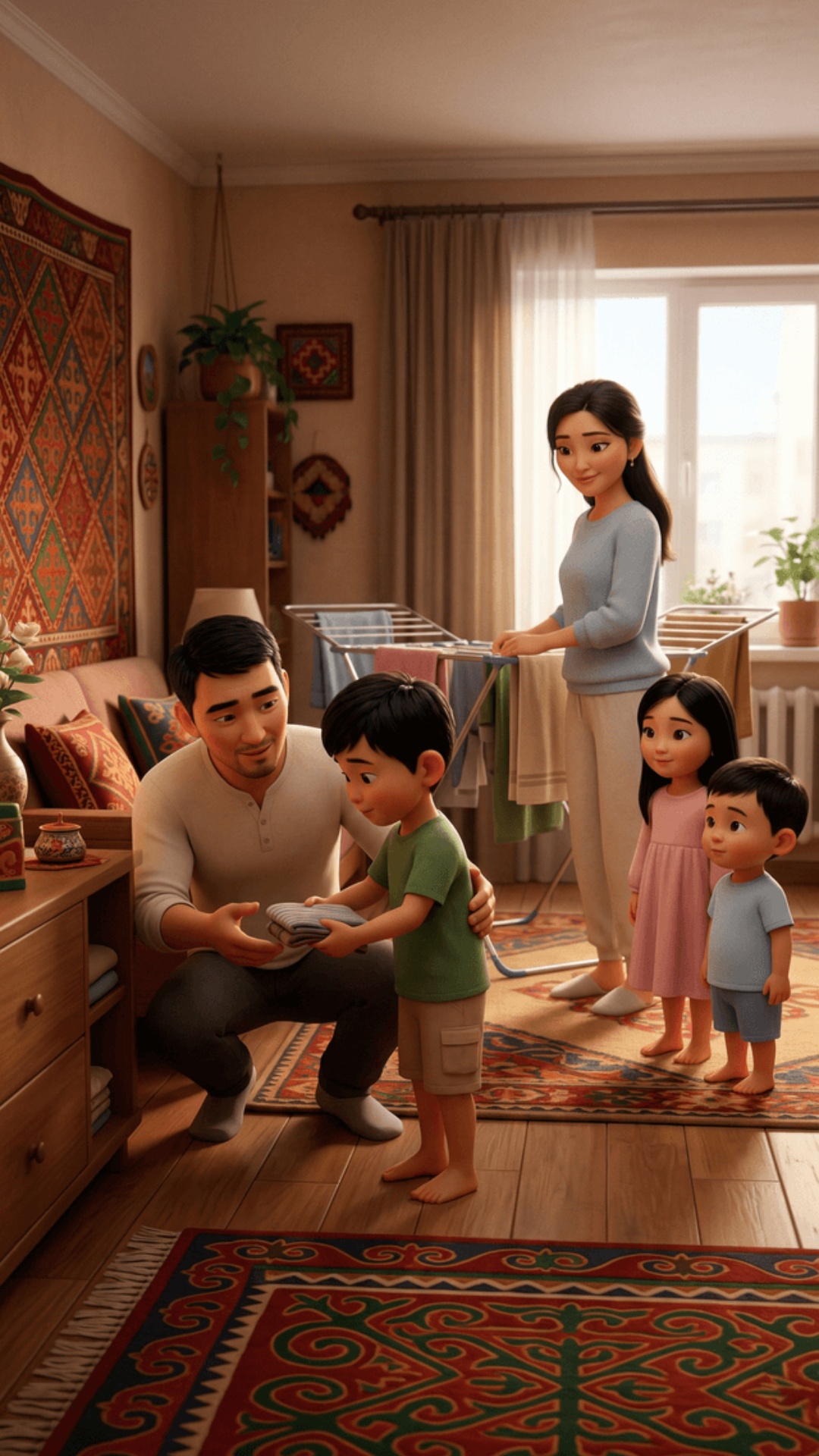 Cinematic 3D Pixar-style animation, vertical 9:16, warm cozy Kyrgyz apartment, authentic Kyrgyz f...