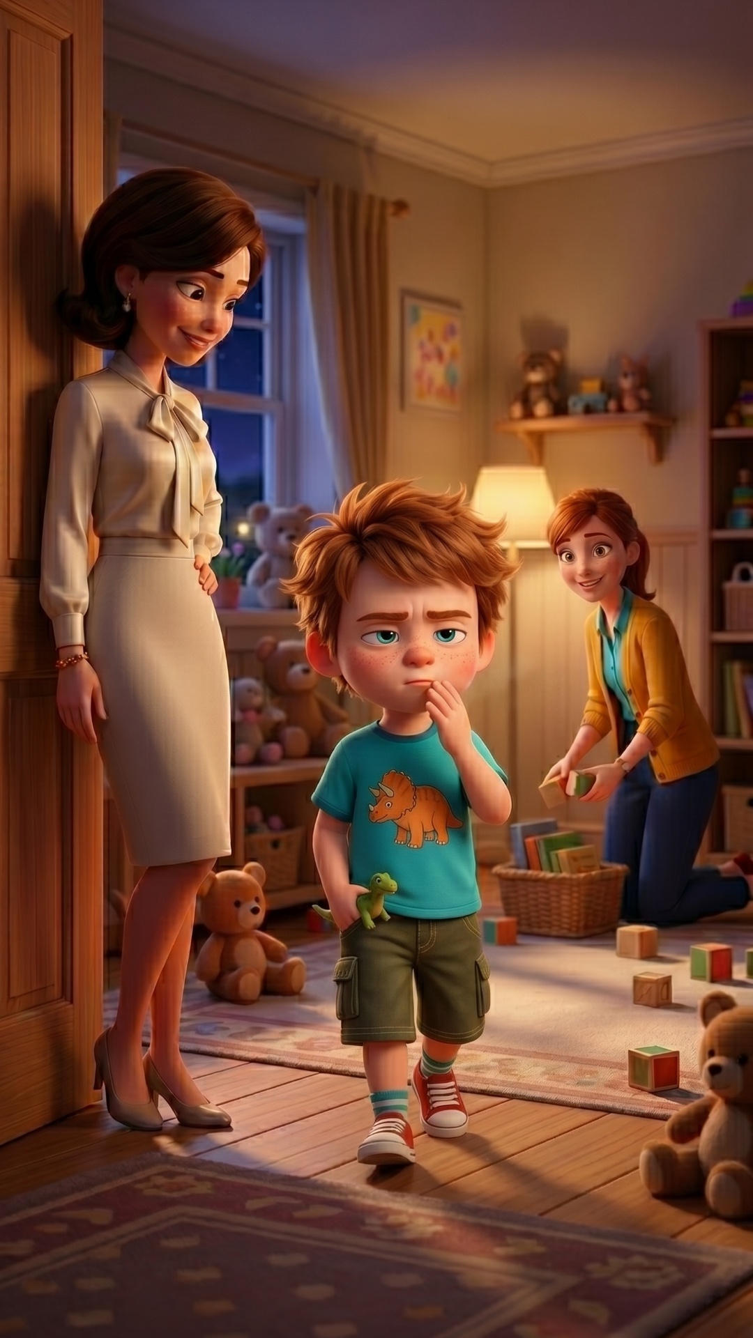 3D animation, Pixar style. A quiet, impactful finale in a cozy evening nursery. Start state: Mish...