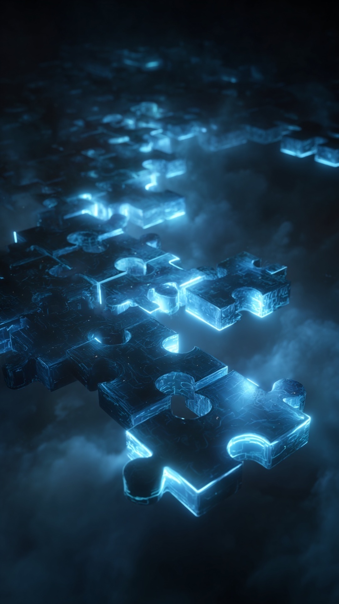 Abstract glowing puzzle pieces floating in dark space, each piece glowing with blue neon light, s...