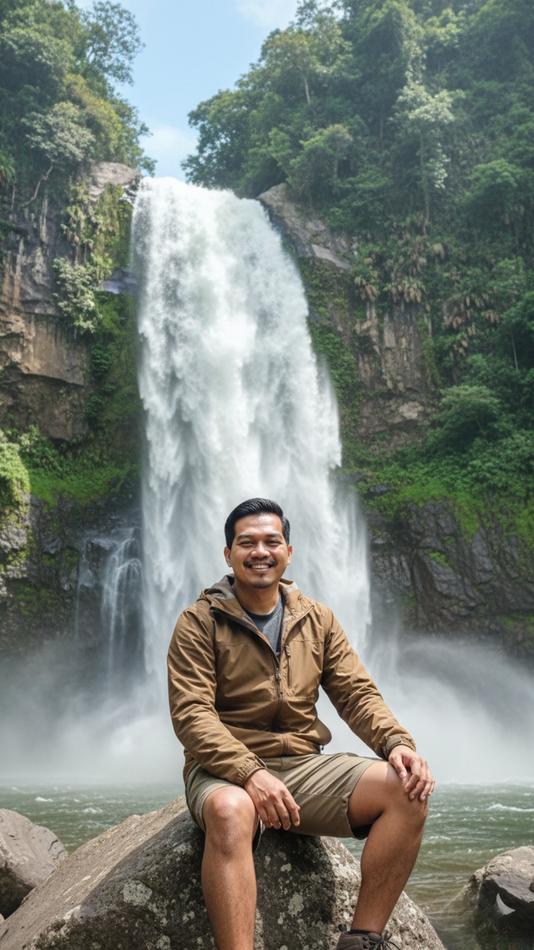 Cinematic video of a lone hiker sitting on a mossy rock in front of a massive waterfall. The came...