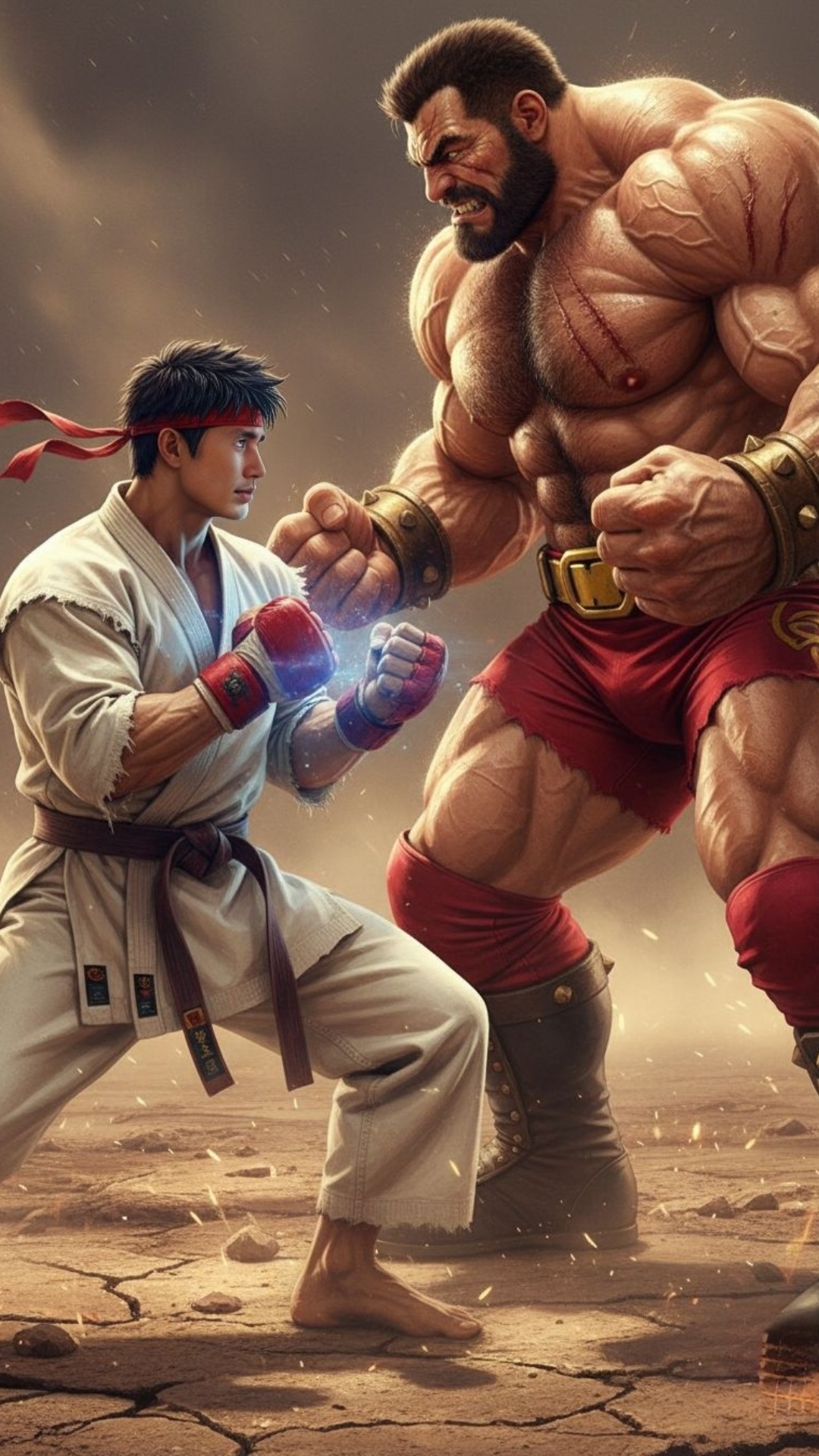 Ultra realistic cinematic scene of Ryu launching a powerful Shoryuken against Zangief. Ryu’s body...