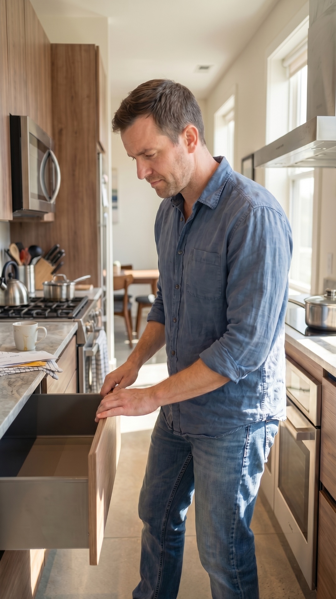 same man trying to close kitchen drawer, drawer slightly resists, small gap remains, hand pushes ...