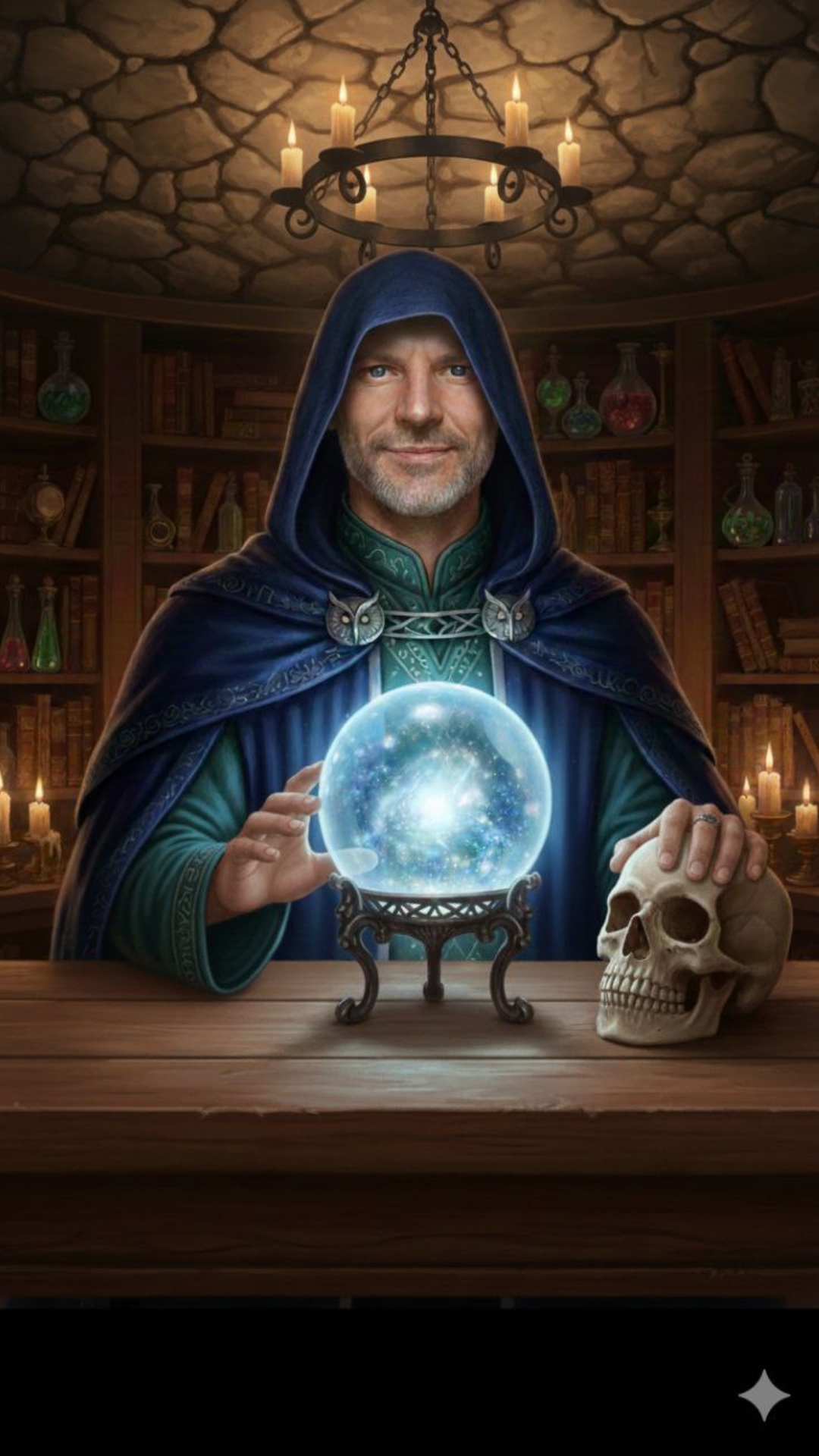 ​Cinematic 4K. A wizard in a hood. Action: 1. Right hand touches a crystal ball, ball glows blue....
