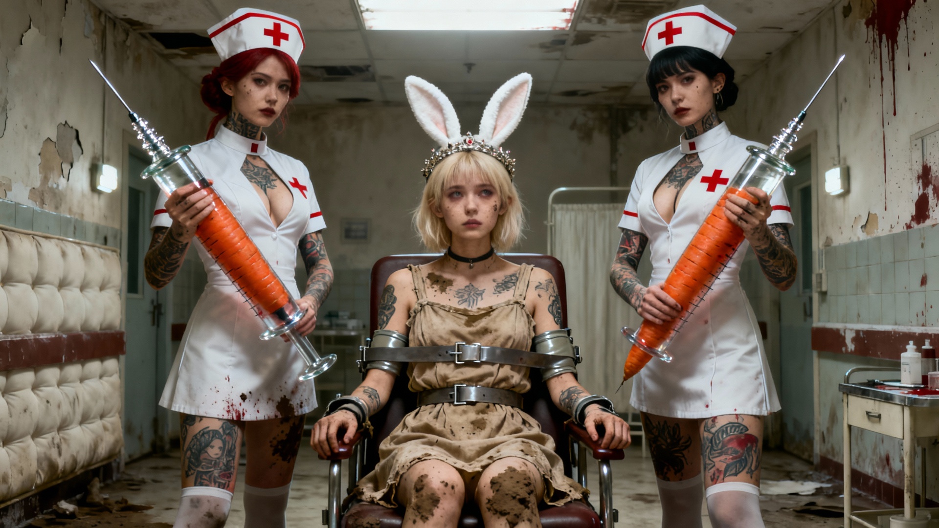 La caméra recule et se décale sur la droite. la femme avec le diadème et les oreilles de lapin re...