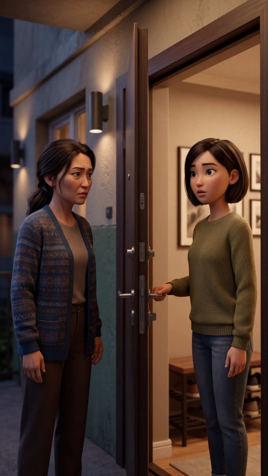 Animated stylized cinematic scene, 70% cartoon style, 30% realism, Pixar-style faces, soft styliz...