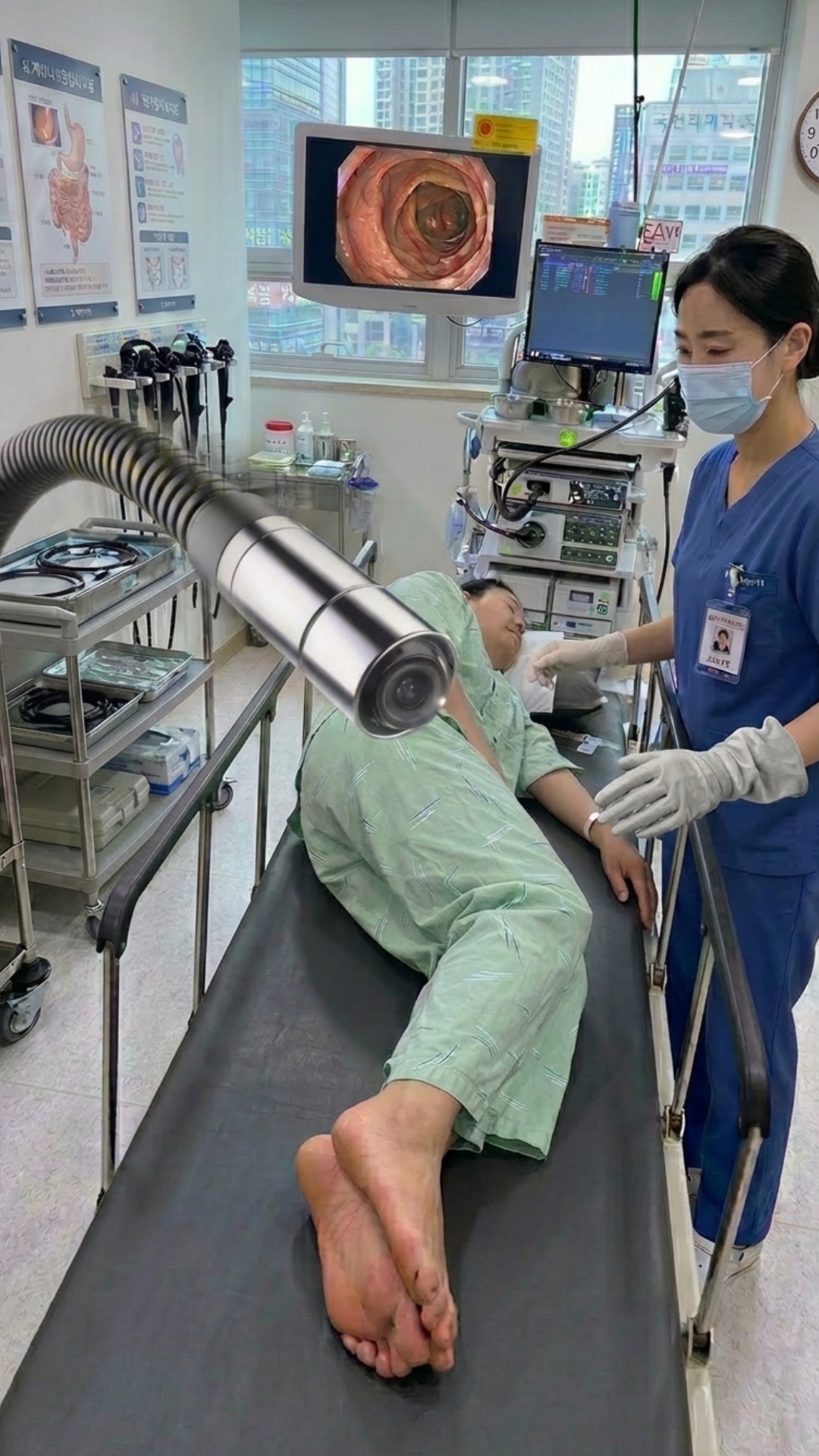 Animate this image: nurse in blue scrubs slowly moves her right hand forward and back in a gentle...
