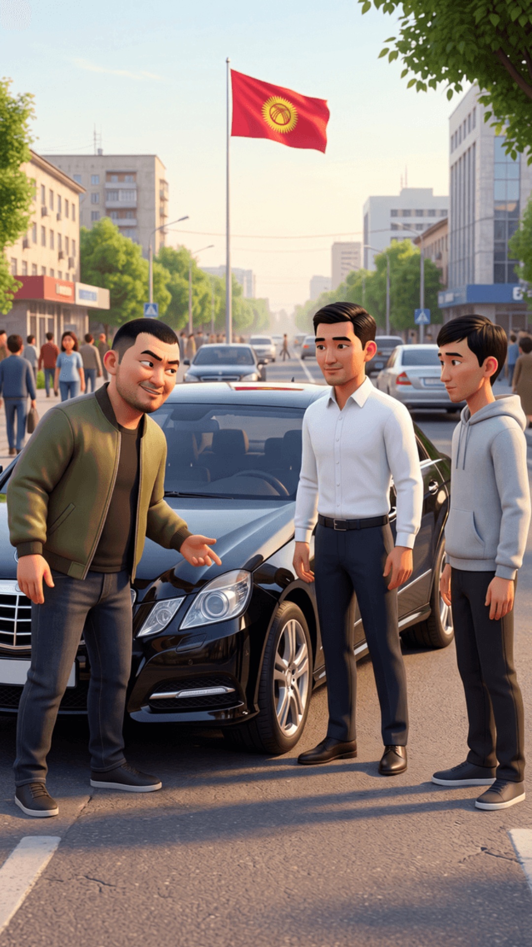 Pixar 3D animation, vibrant colors, soft warm sunset light, 9:16 vertical. Bishkek square, Kyrgyz...