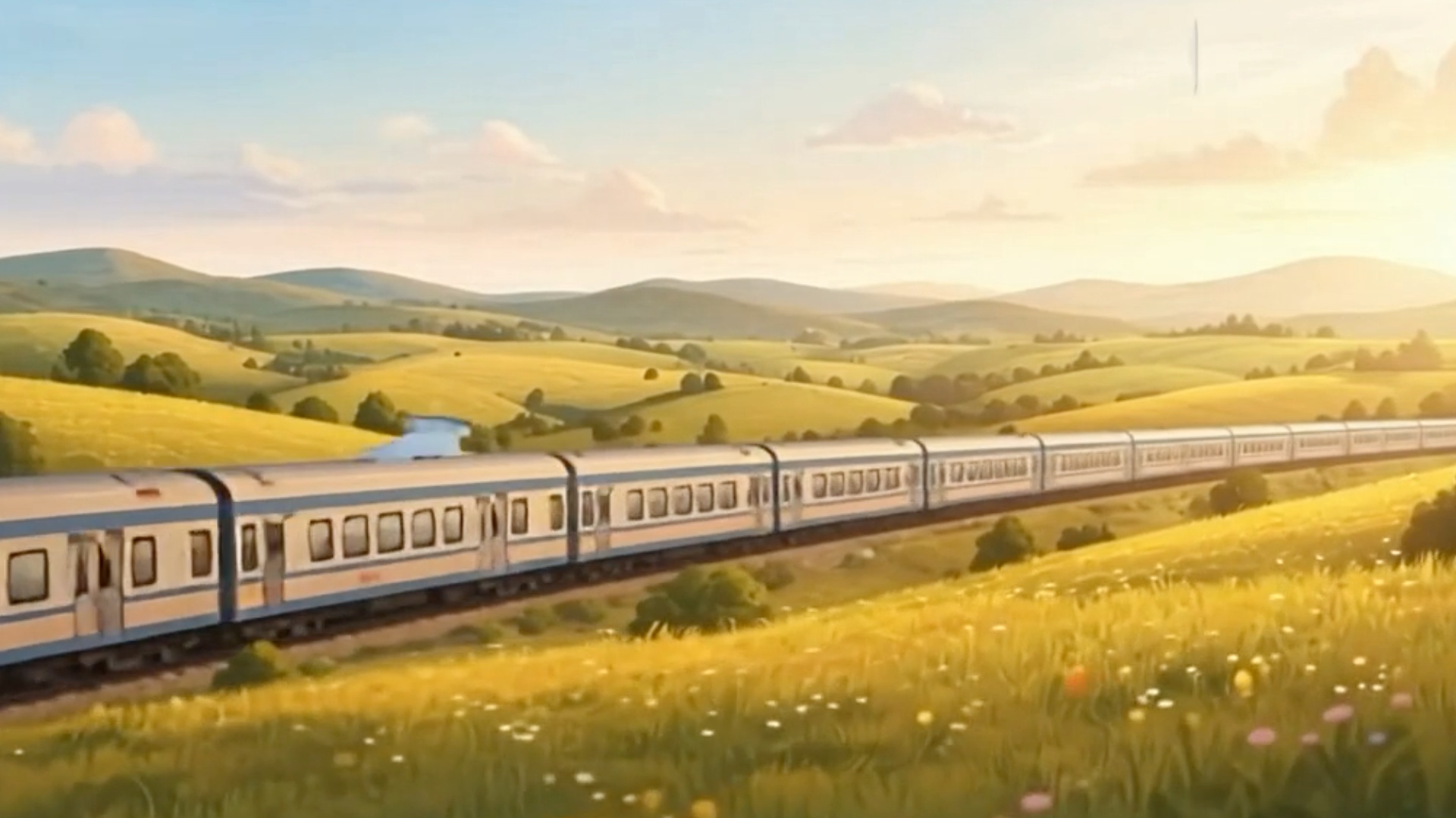 La caméra s'élève et suit le train qui avance dans la campagne tandis que de gros nuages noirs d'...