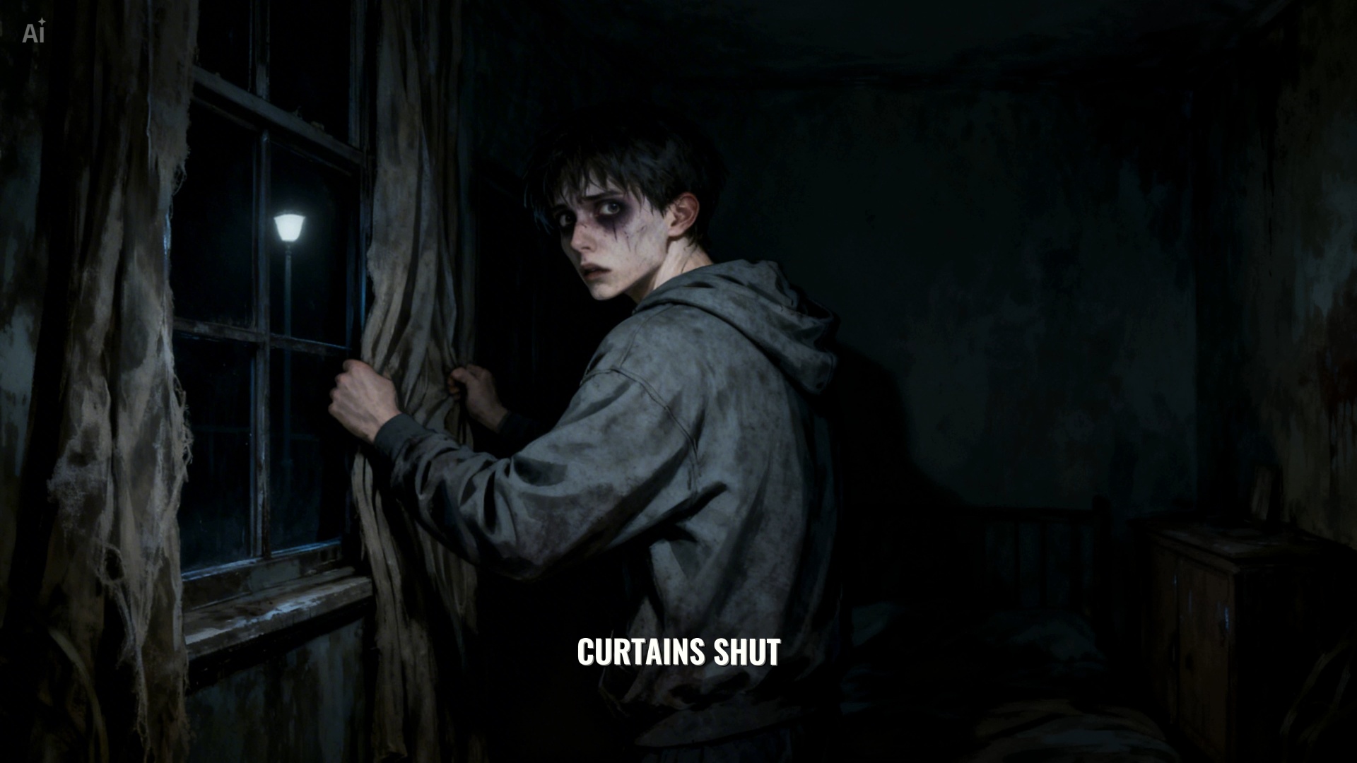 Cinematic intense horror shot. SET MOTION SCORE TO 4: The terrified boy desperately grabs the rag...