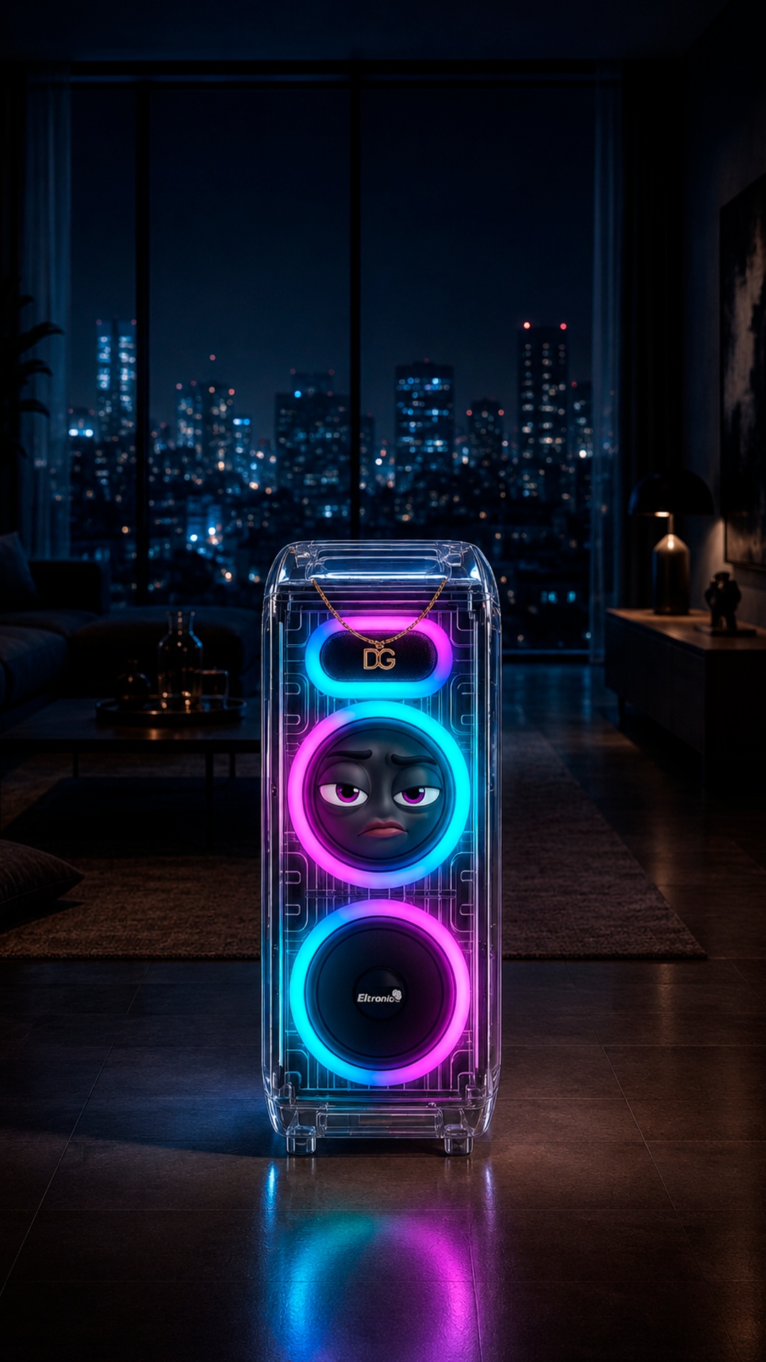Animate the transparent speaker with DG alone in the apartment. Very little movement: one slow bl...