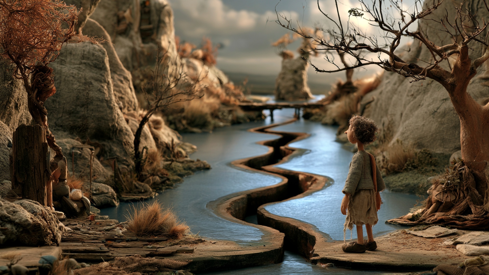 Start exactly from the provided image. The child remains standing on the riverbank, looking quiet...