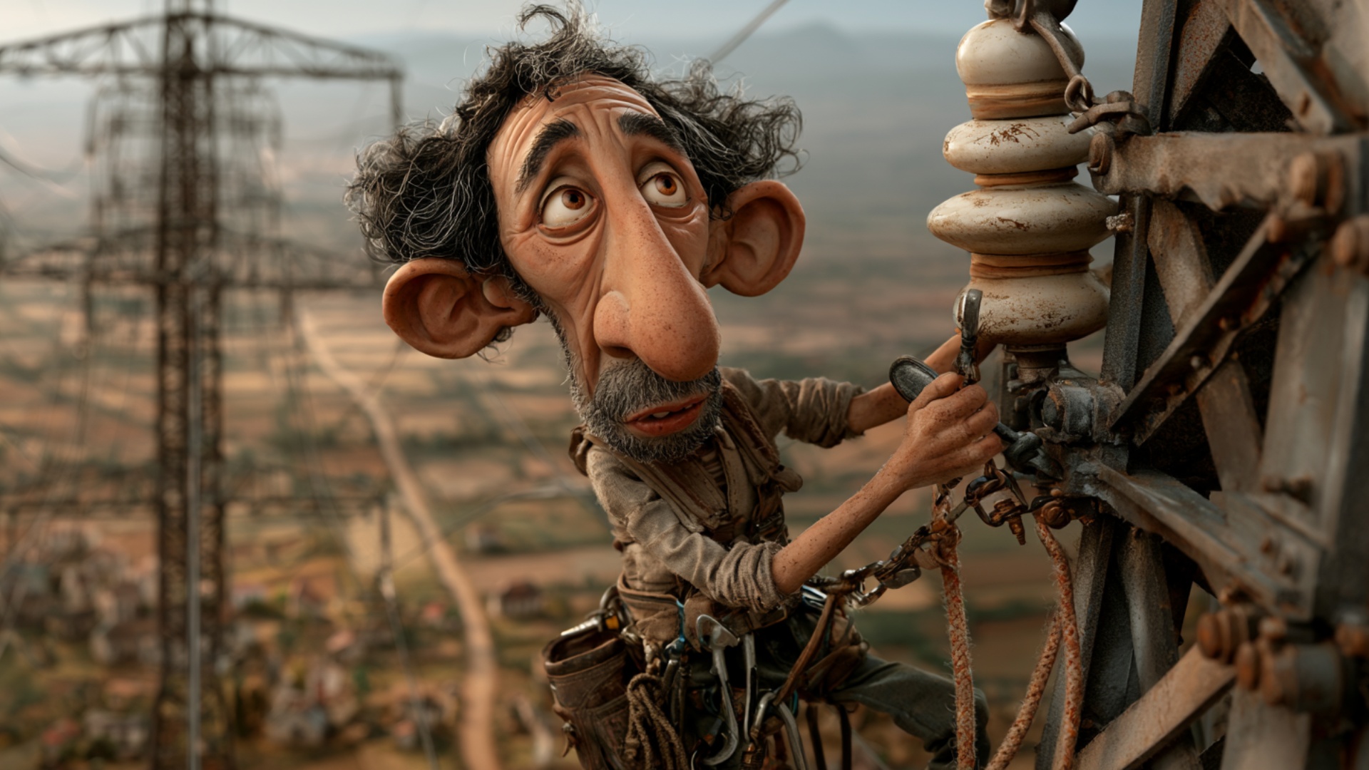 The high-voltage line technician carefully tightens the small electrical fitting with his tool wh...