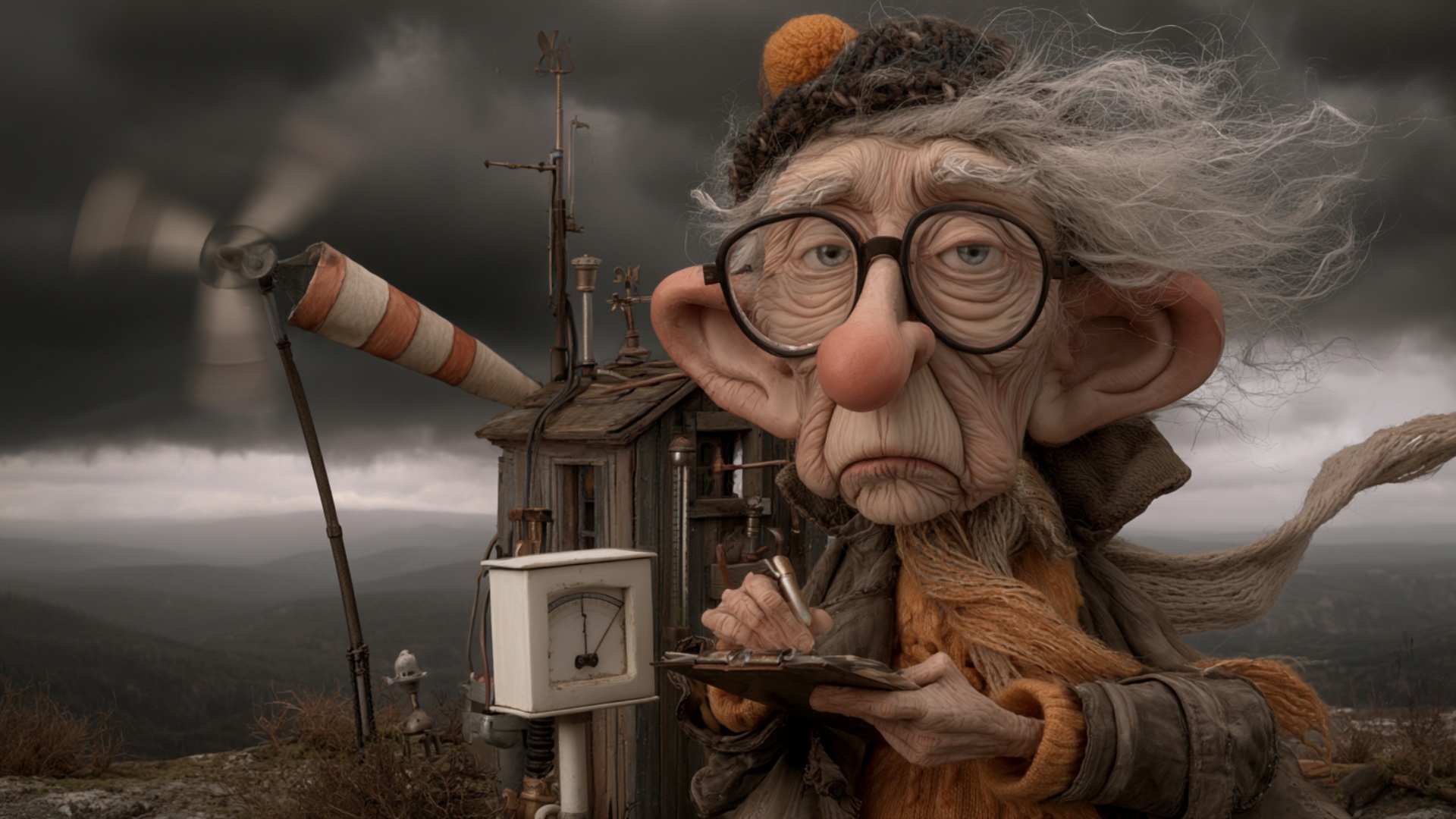 The elderly meteorologist braces herself against the strong mountain wind while carefully writing...