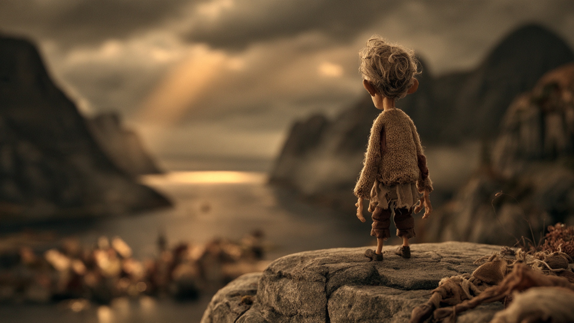 Gradual cinematic pull-back revealing more of the surrounding landscape. The small figure remains...