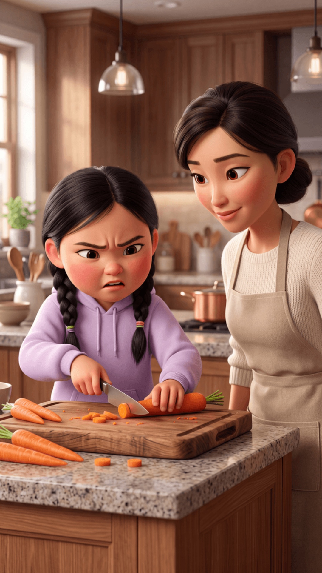 Pixar-style 3D animation, upscale kitchen, wooden cutting board with carrots on the island. Kyrgy...