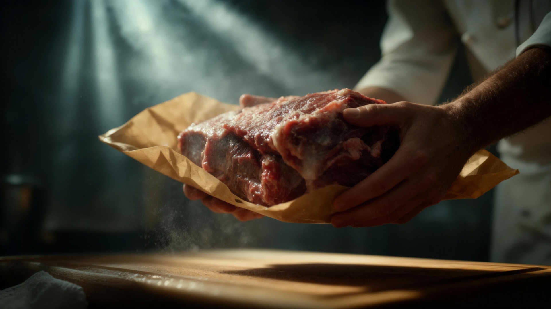 Close-up shot — the chef’s hands peel away butcher paper, revealing a thick slab of ribeye, marbl...