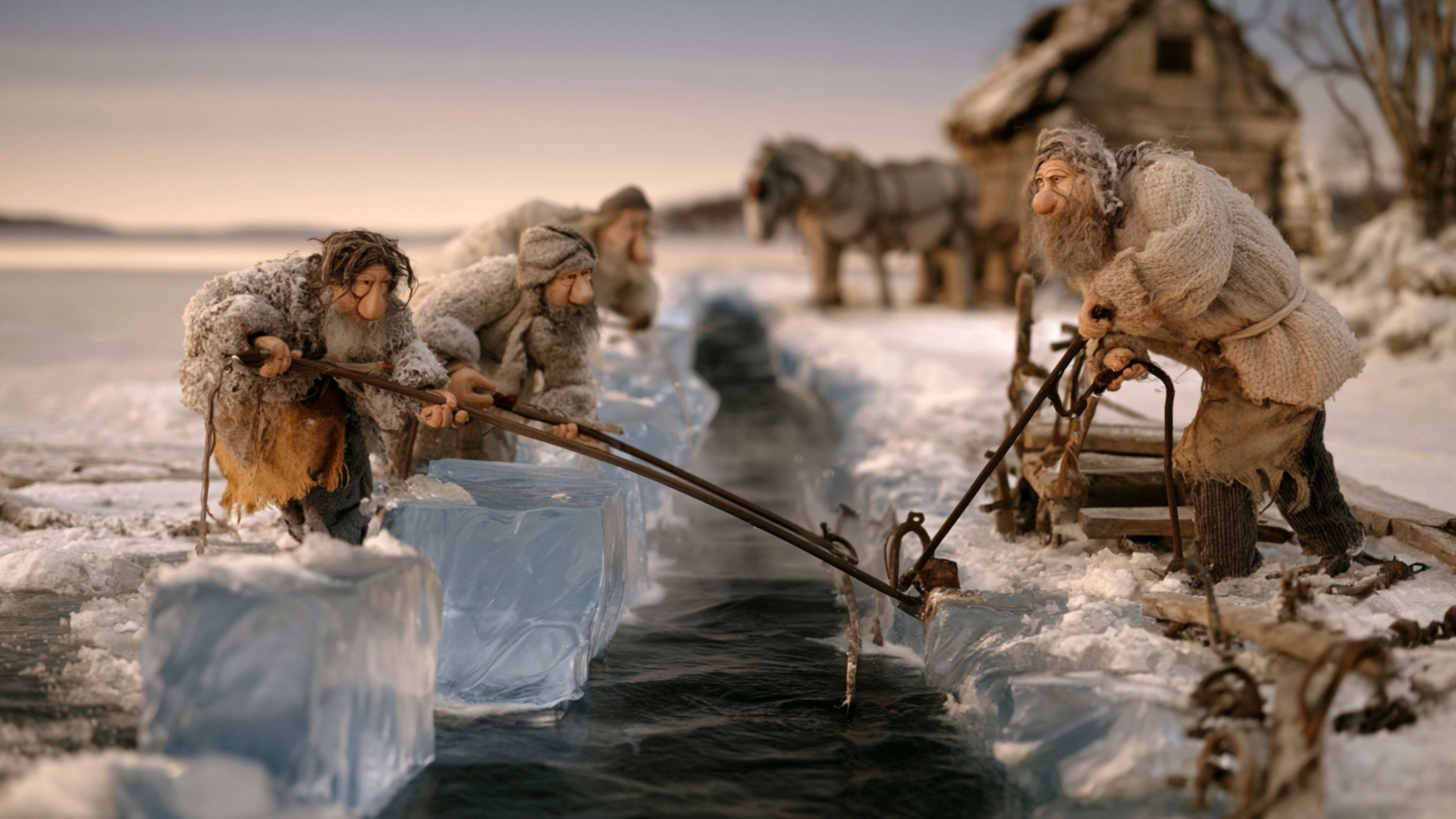 The three ice workers use the existing long iron hooks together to guide one rectangular ice bloc...