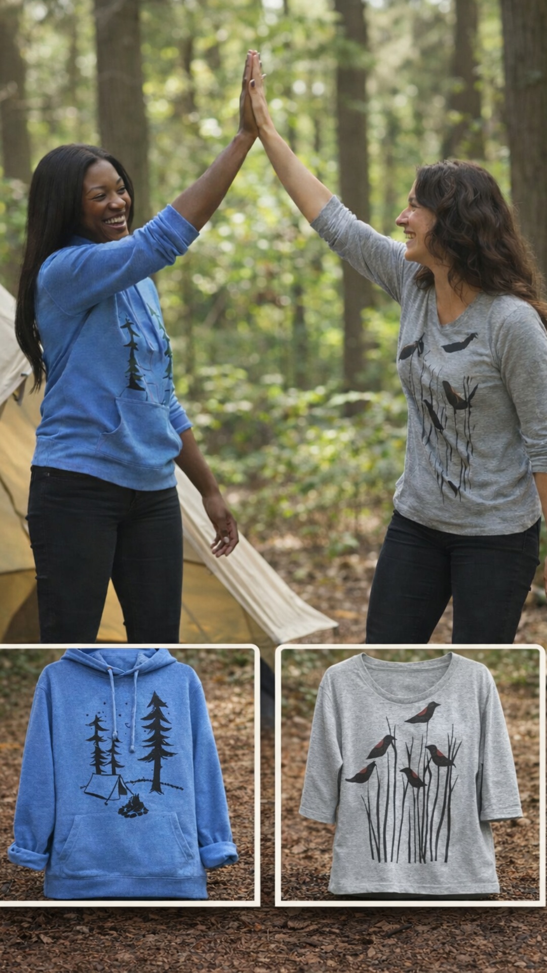 have the models reach high five to each other and laughing