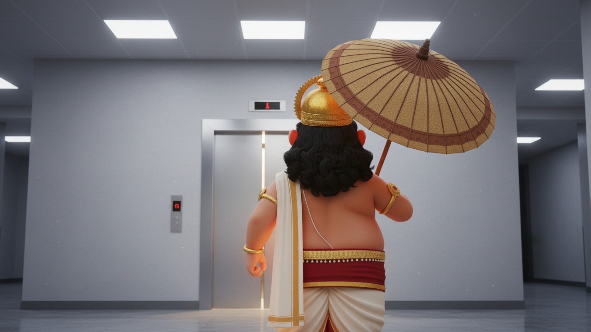 Single cinematic shot in quiet modern corridor, centered closed elevator. Back view of same styli...